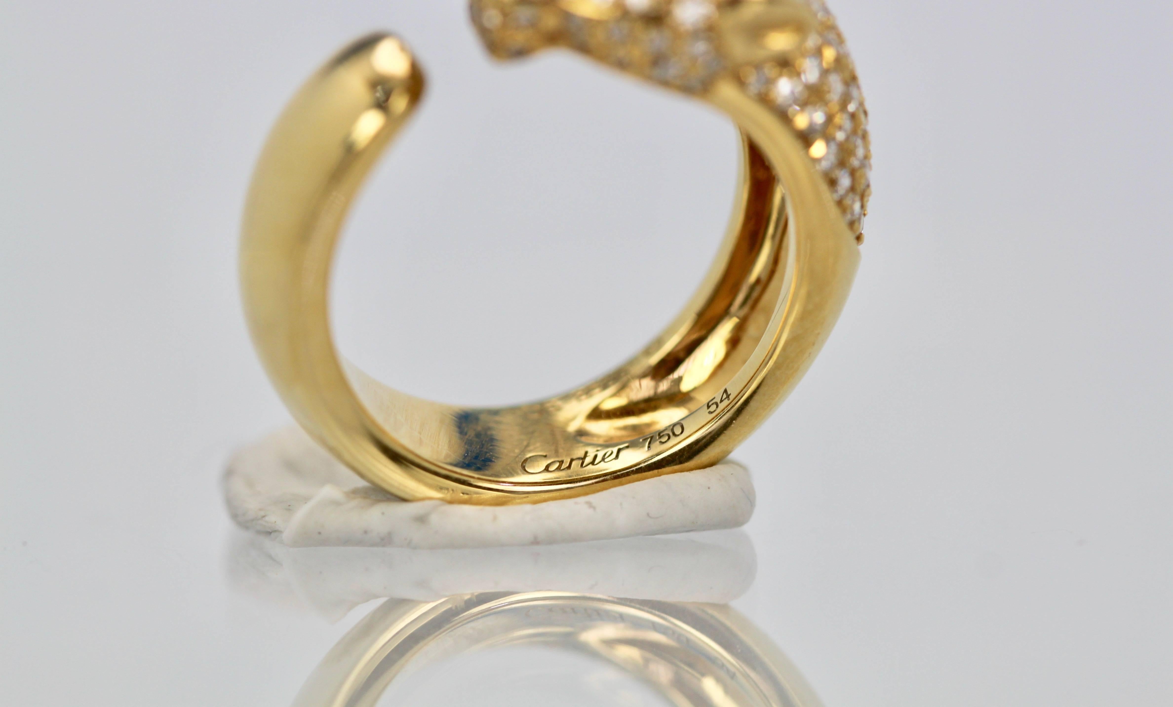 Women's or Men's Cartier Diamond Head Panthere Ring Emerald Eye Onyx Nose 18 Karat Gold