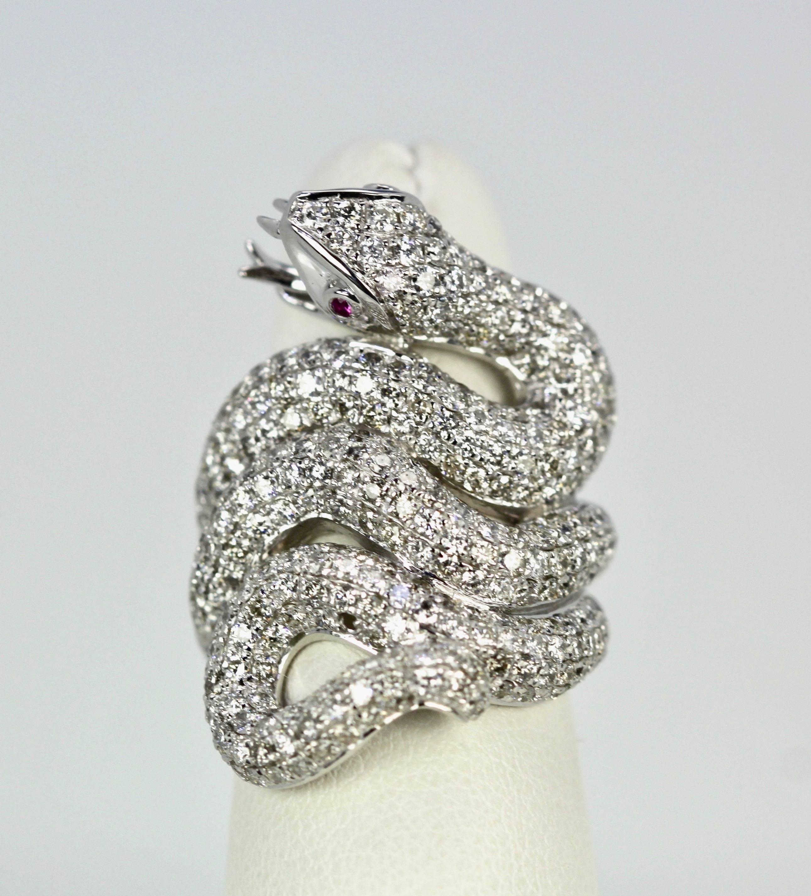 Artisan Diamond 18 Karat Snake Ring 4.66 Carat Two Ruby Eyes