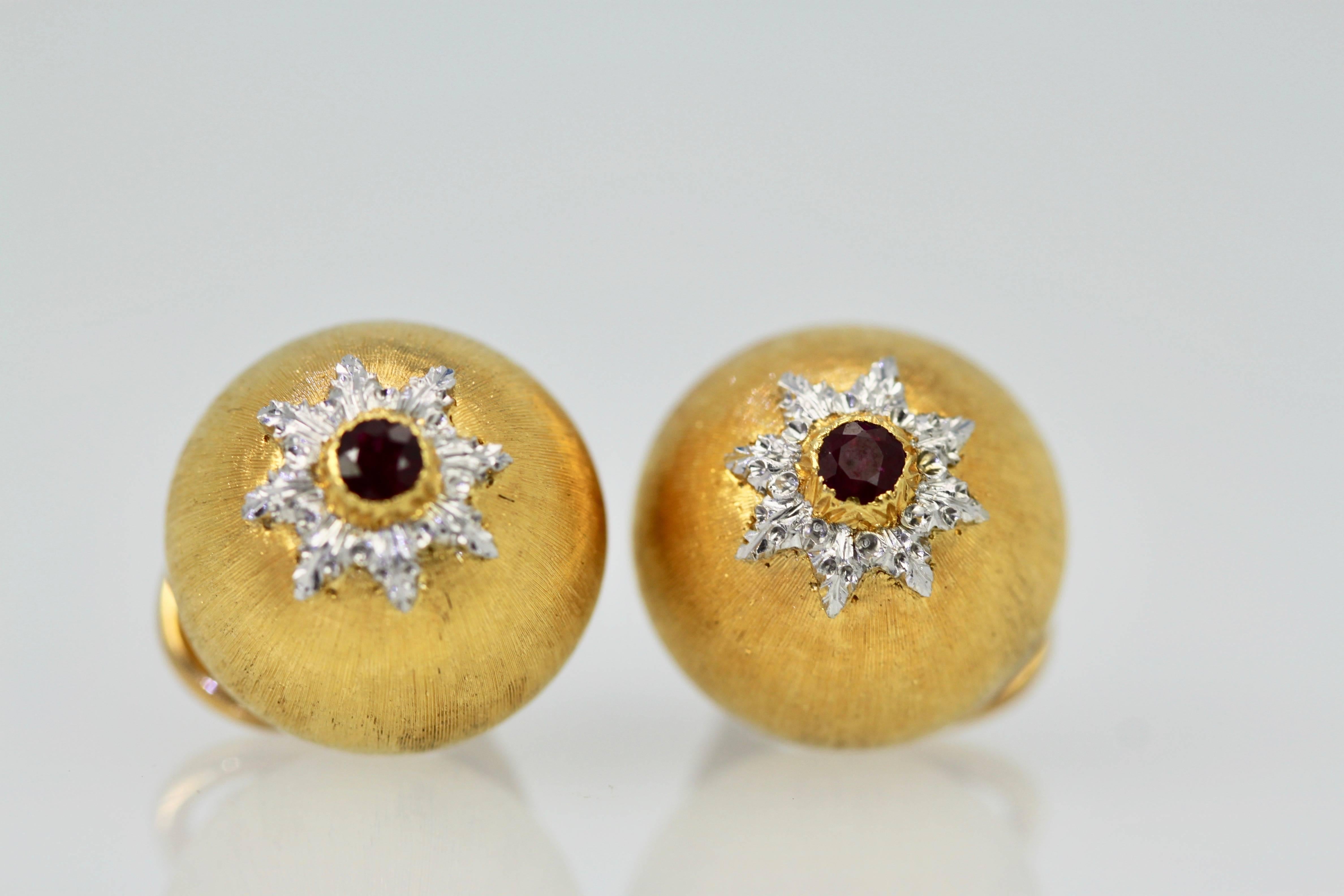 Retro Buccellati 18 Karat Gold Platinum Ruby Earrings