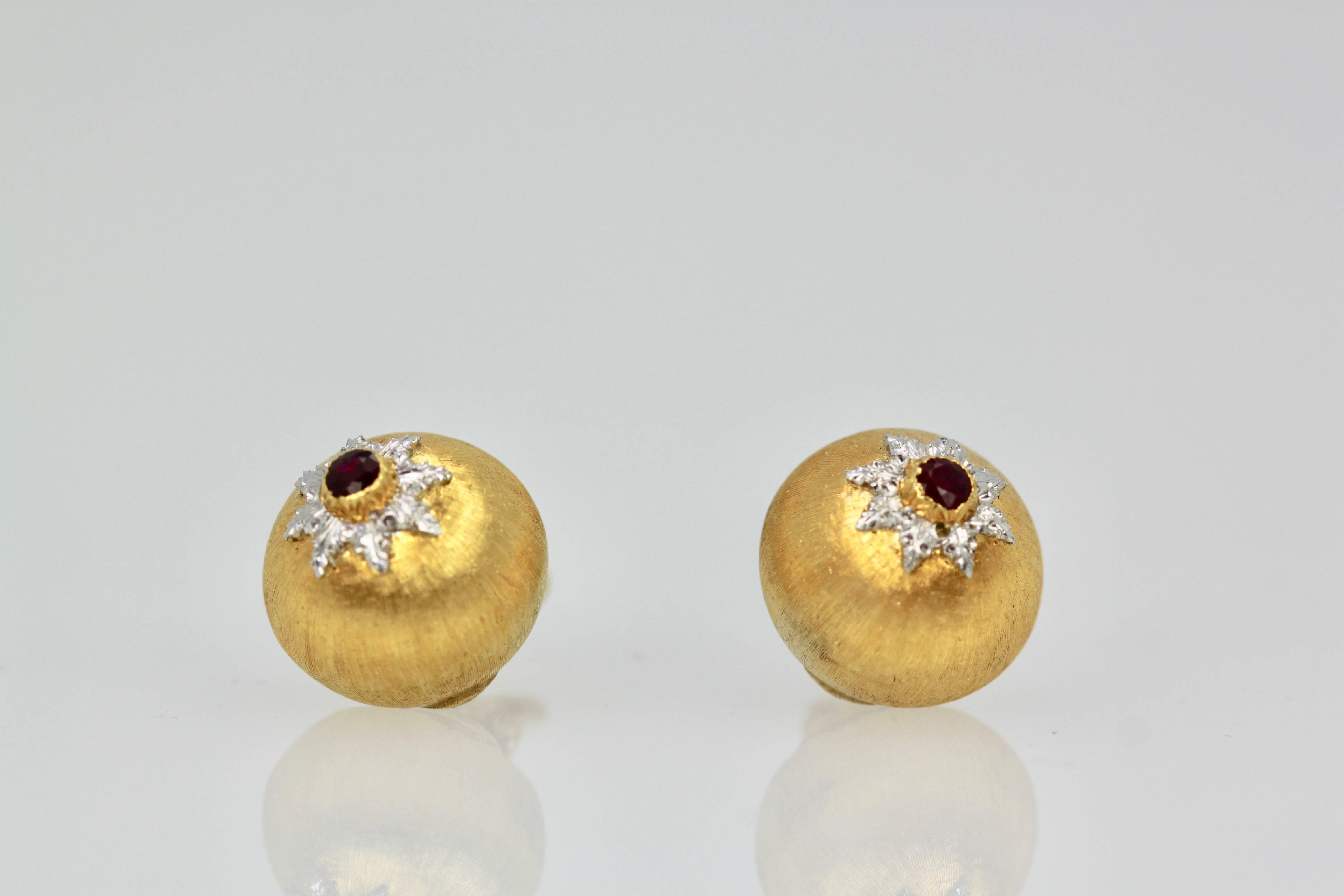 Round Cut Buccellati 18 Karat Gold Platinum Ruby Earrings