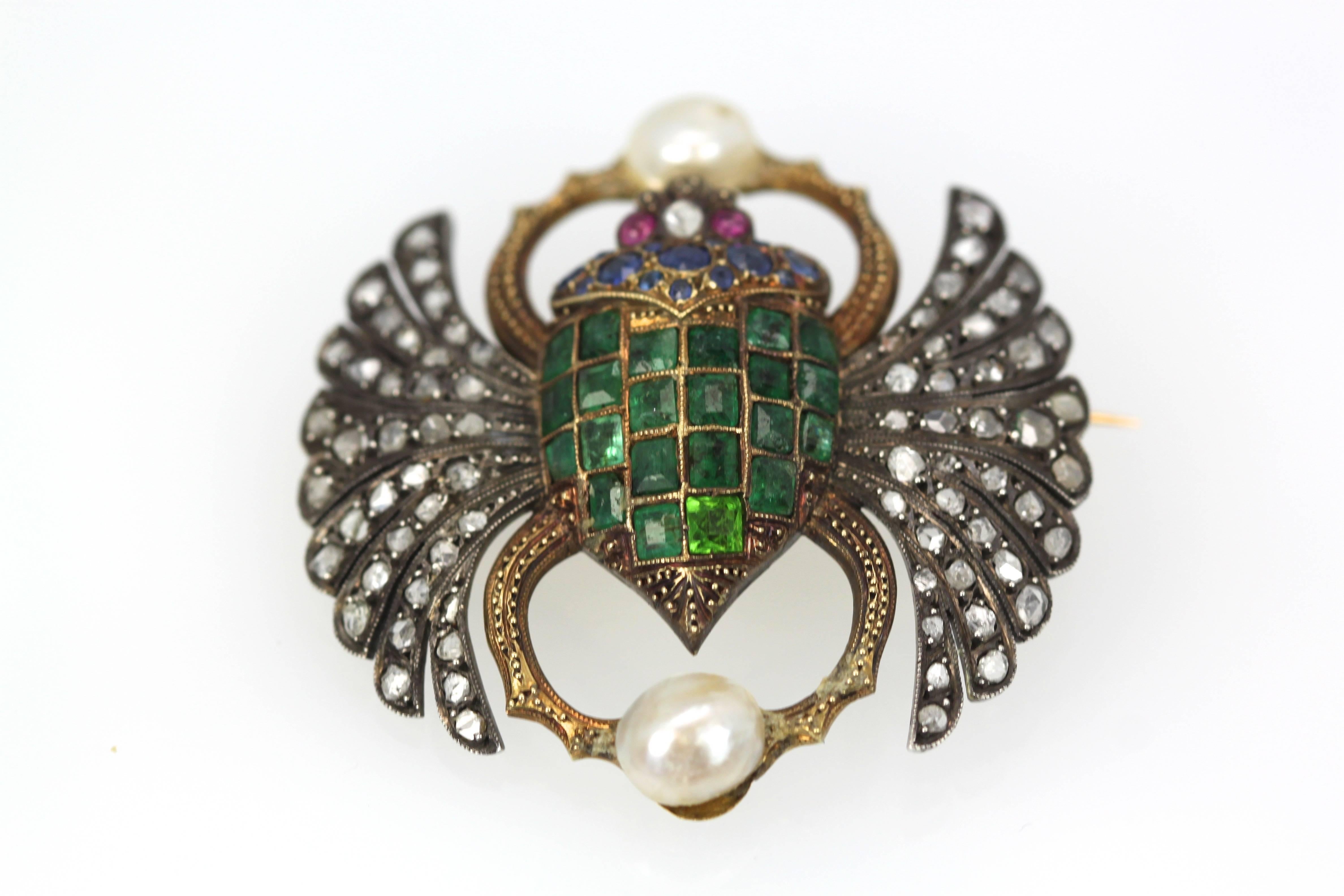Art Nouveau Antique French Diamond Emerald Sapphire Pearl Scarab Brooch