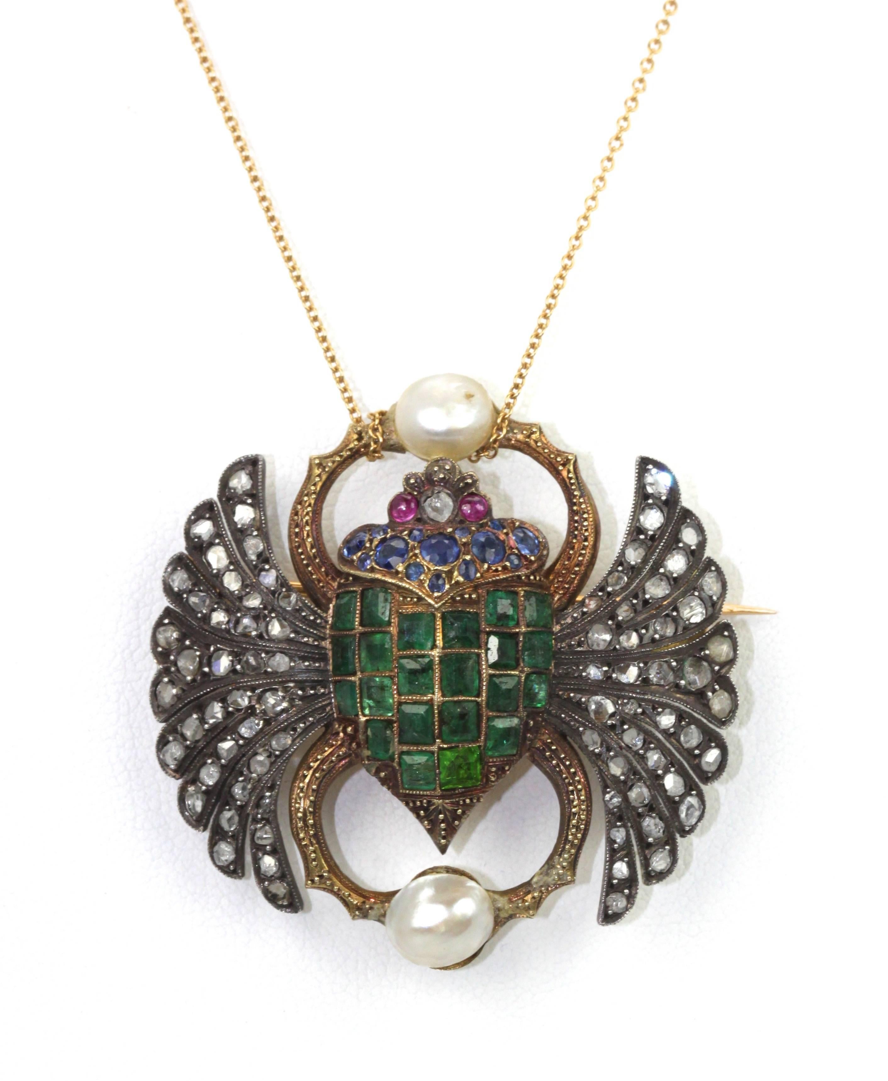 Radiant Cut Antique French Diamond Emerald Sapphire Pearl Scarab Brooch