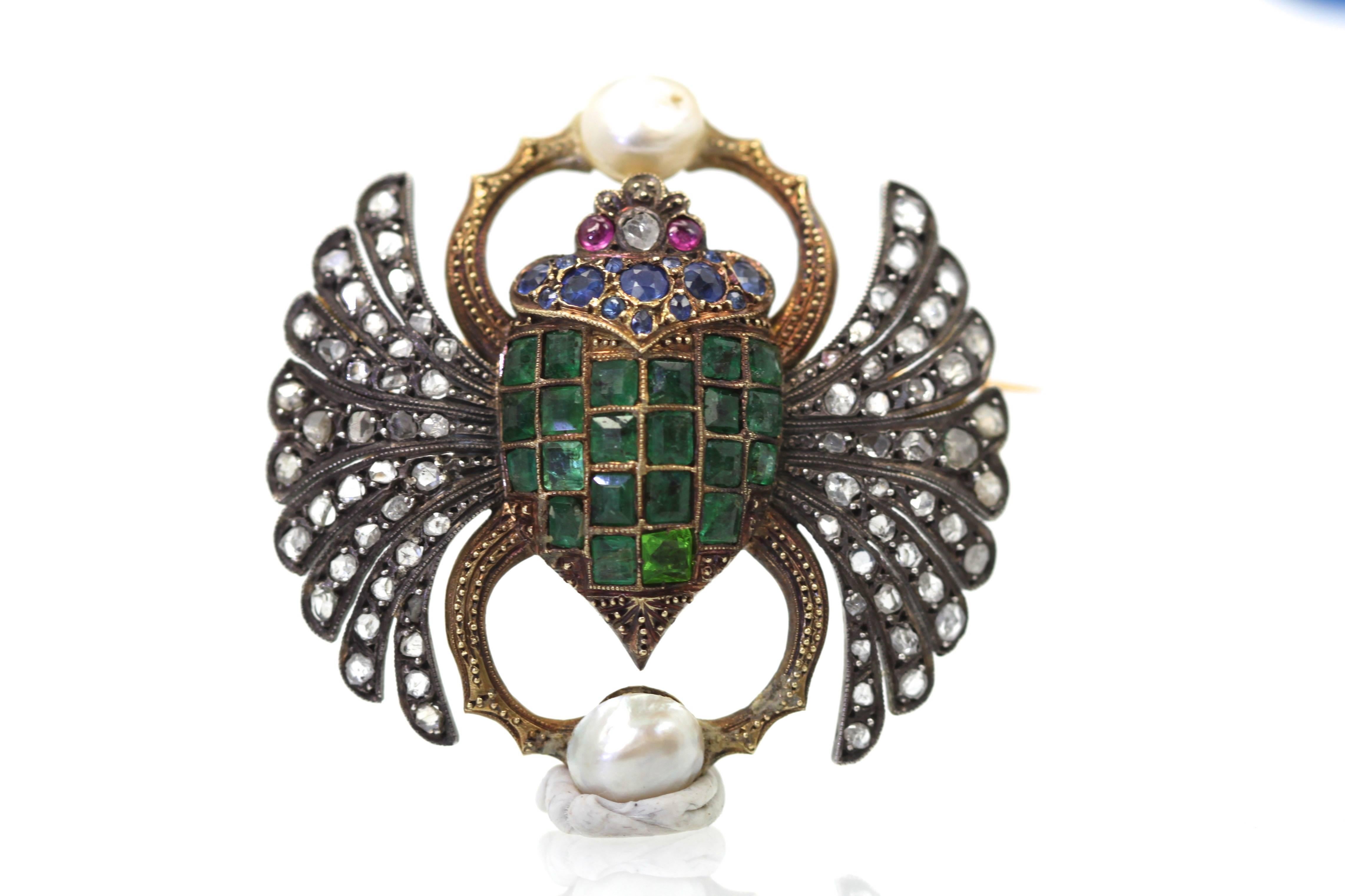 Women's or Men's Antique French Diamond Emerald Sapphire Pearl Scarab Brooch