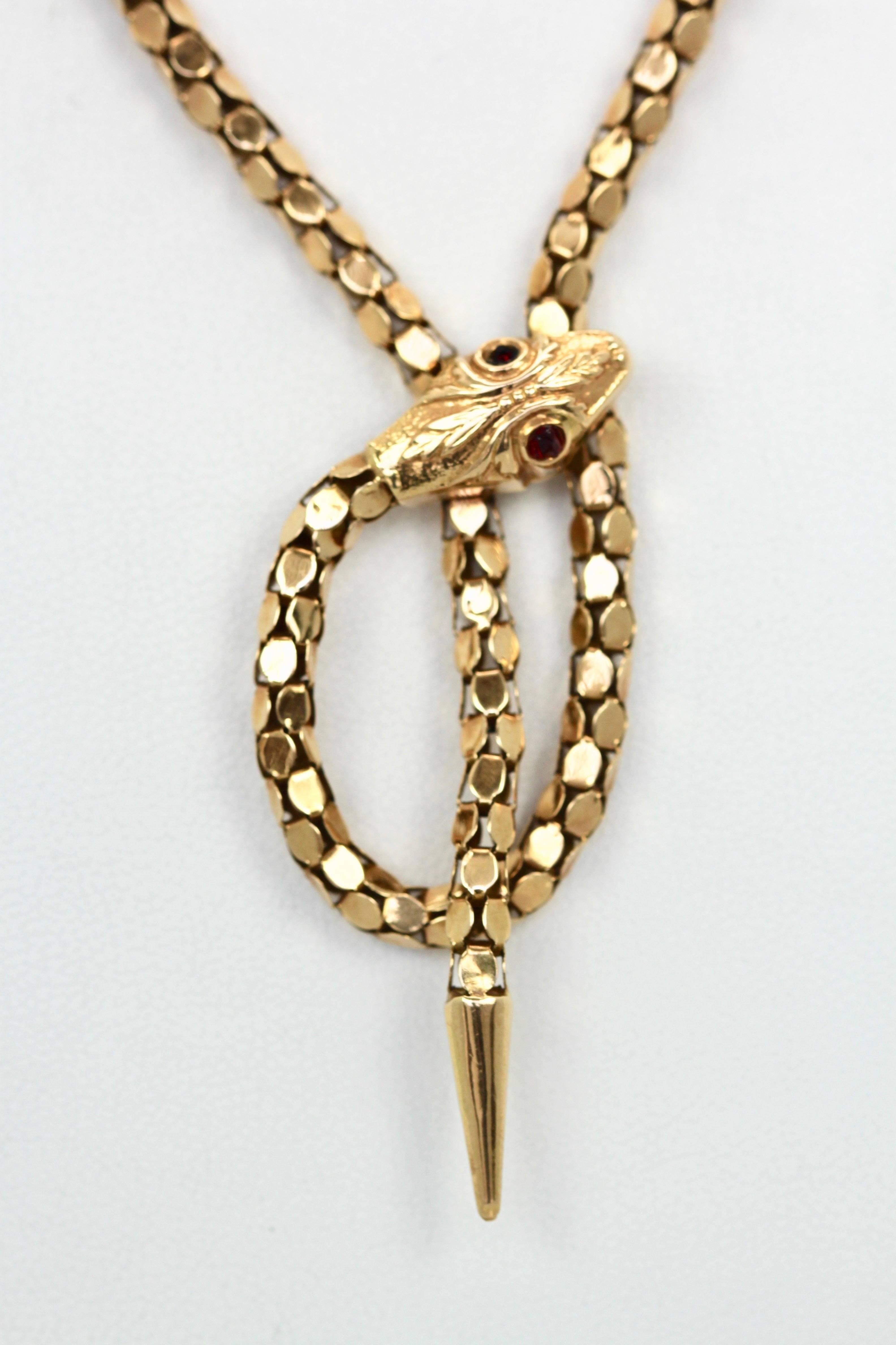 Retro circa 1940s 14 Karat Gold Snake or Serpent Necklace Garnet Eyes In Good Condition In North Hollywood, CA