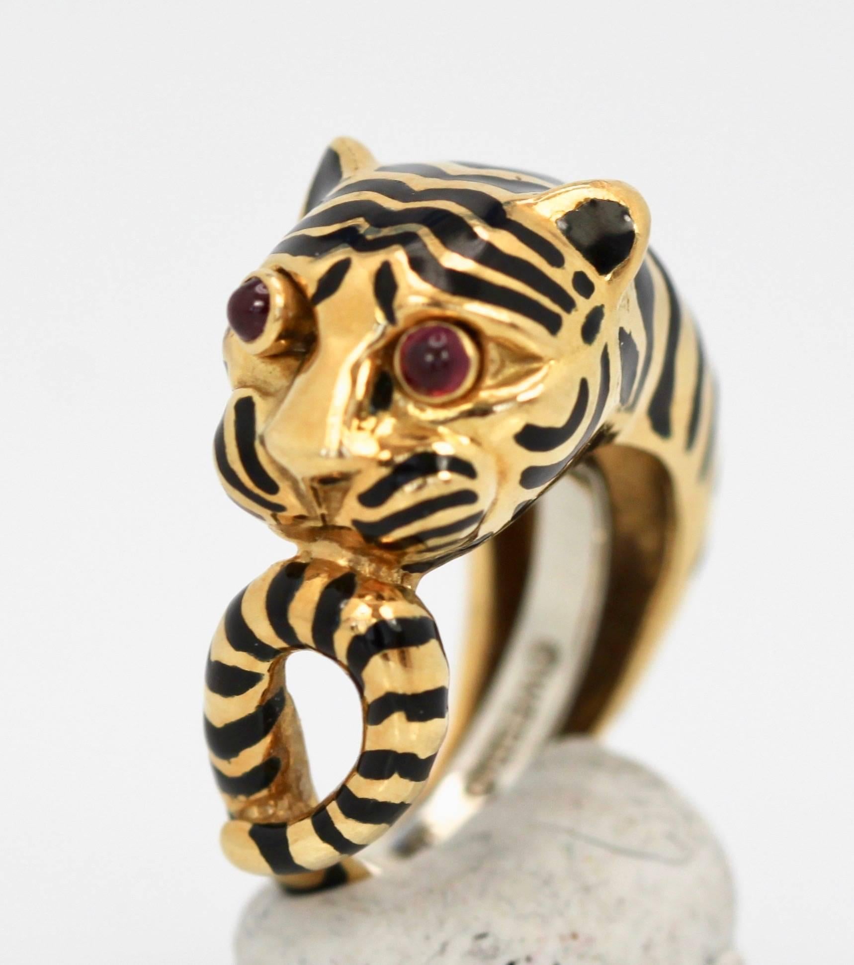 Modern David Webb Tiger Ring Black Enamel Ruby Eyes 18 Karat