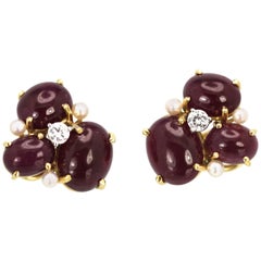 Retro Seaman Schepps Ruby Cabochon Earrings with Three Pearls and Diamonds Pierced 18K