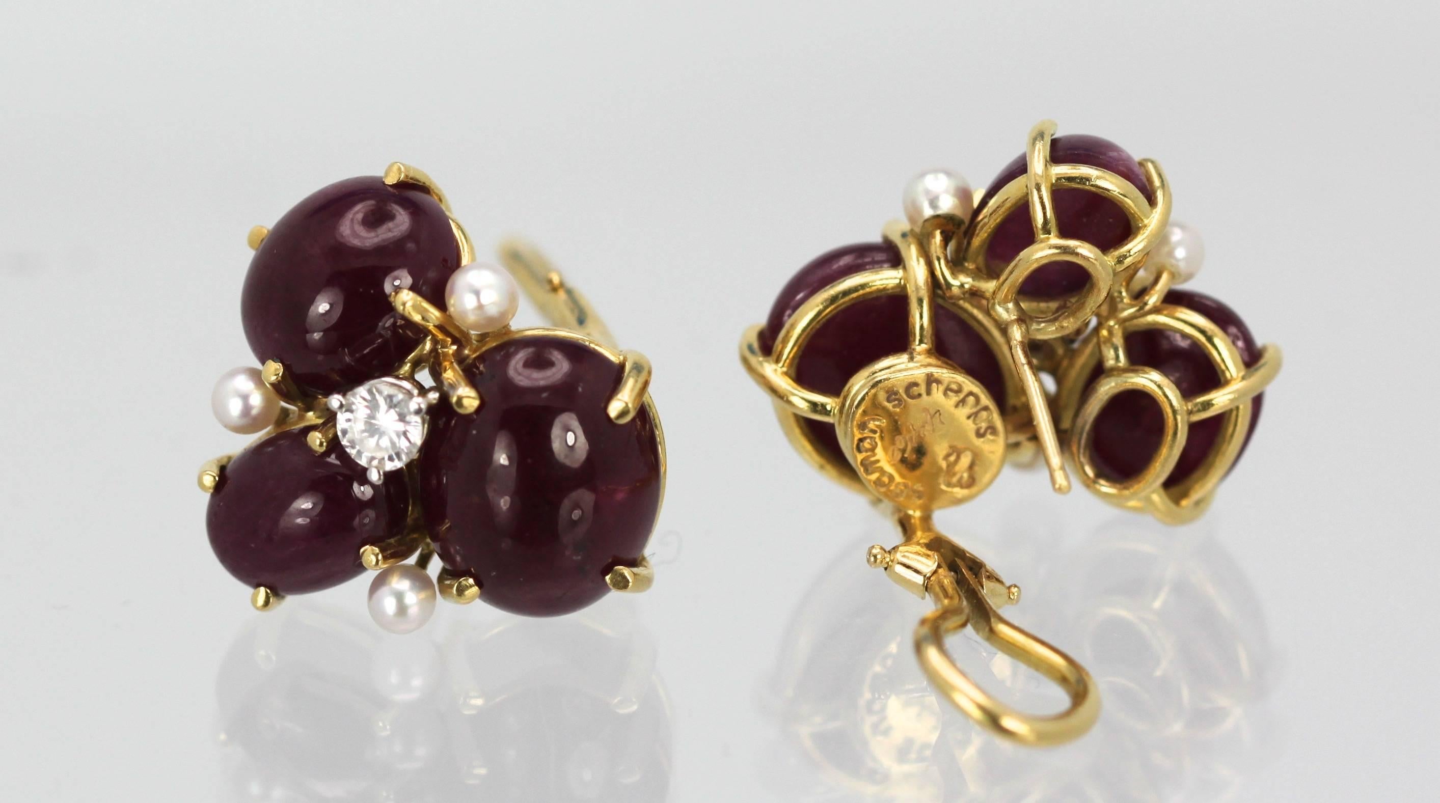 Retro Seaman Schepps Ruby Cabochon Earrings with Three Pearls and Diamonds Pierced 18K
