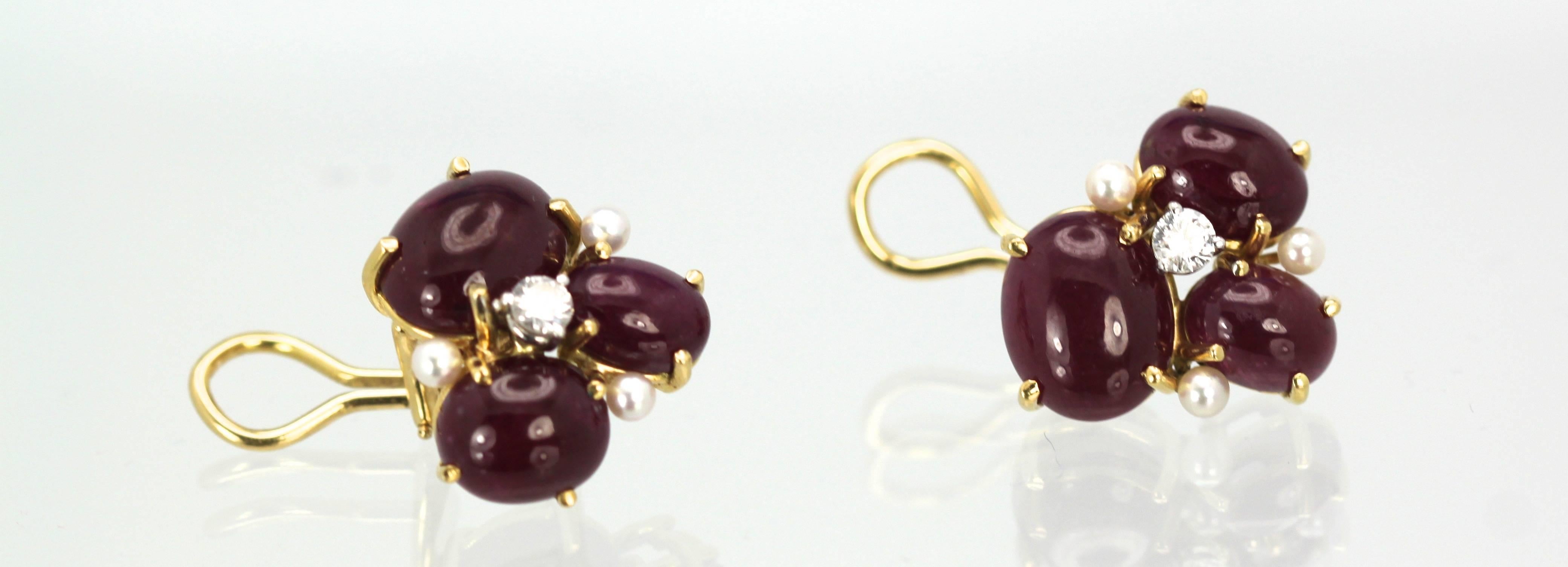 Seaman Schepps Ruby Cabochon Earrings with Three Pearls and Diamonds Pierced 18K In Excellent Condition In North Hollywood, CA