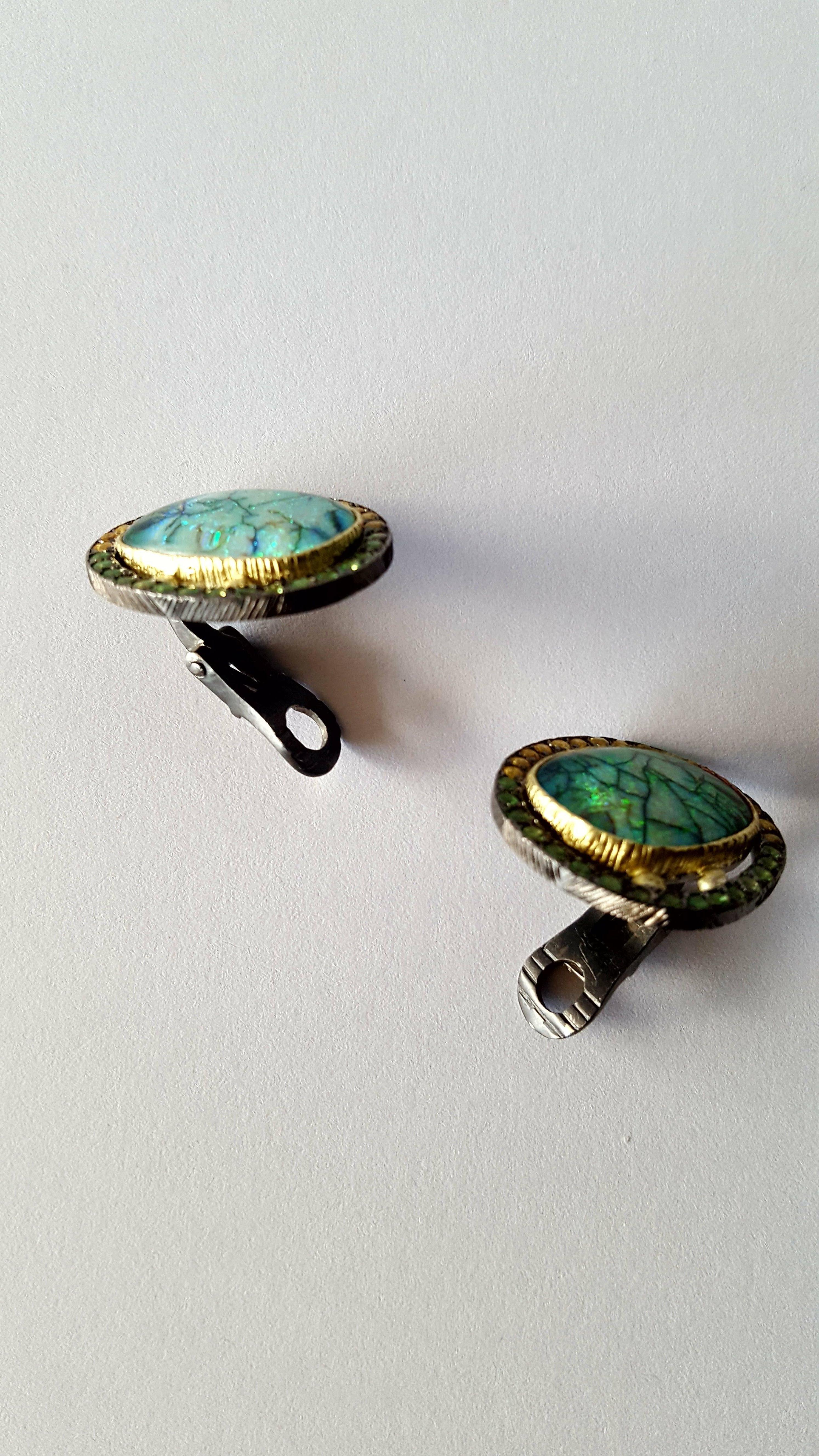 Contemporary  Opal Doublets Tsavorites Sapphires Green Gold Silver Clipped Earrings  For Sale