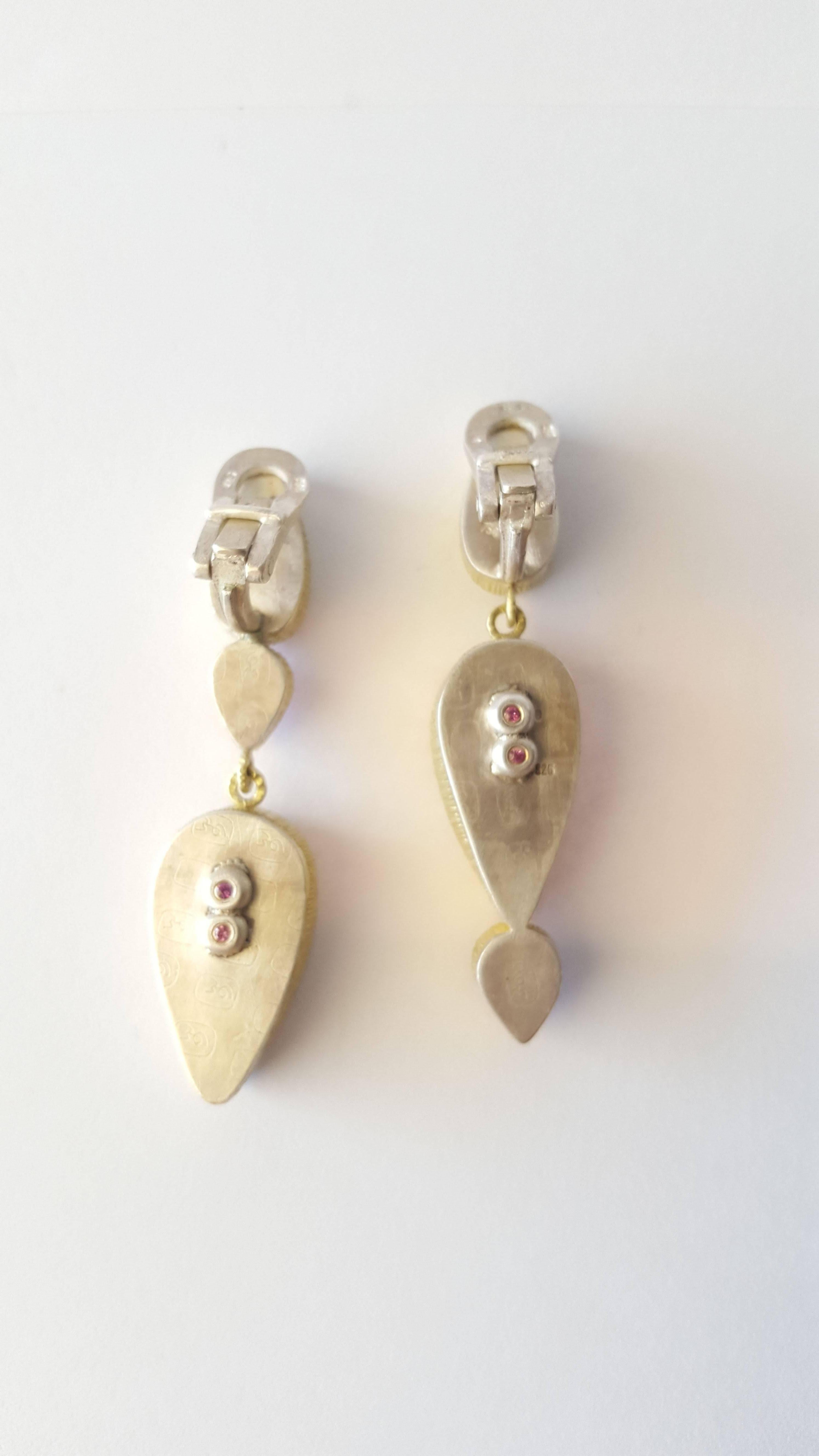 Contemporary Rutilated Quartz Rubelite Garnet Gold Silver Clipped Drop Dangle Earrings For Sale