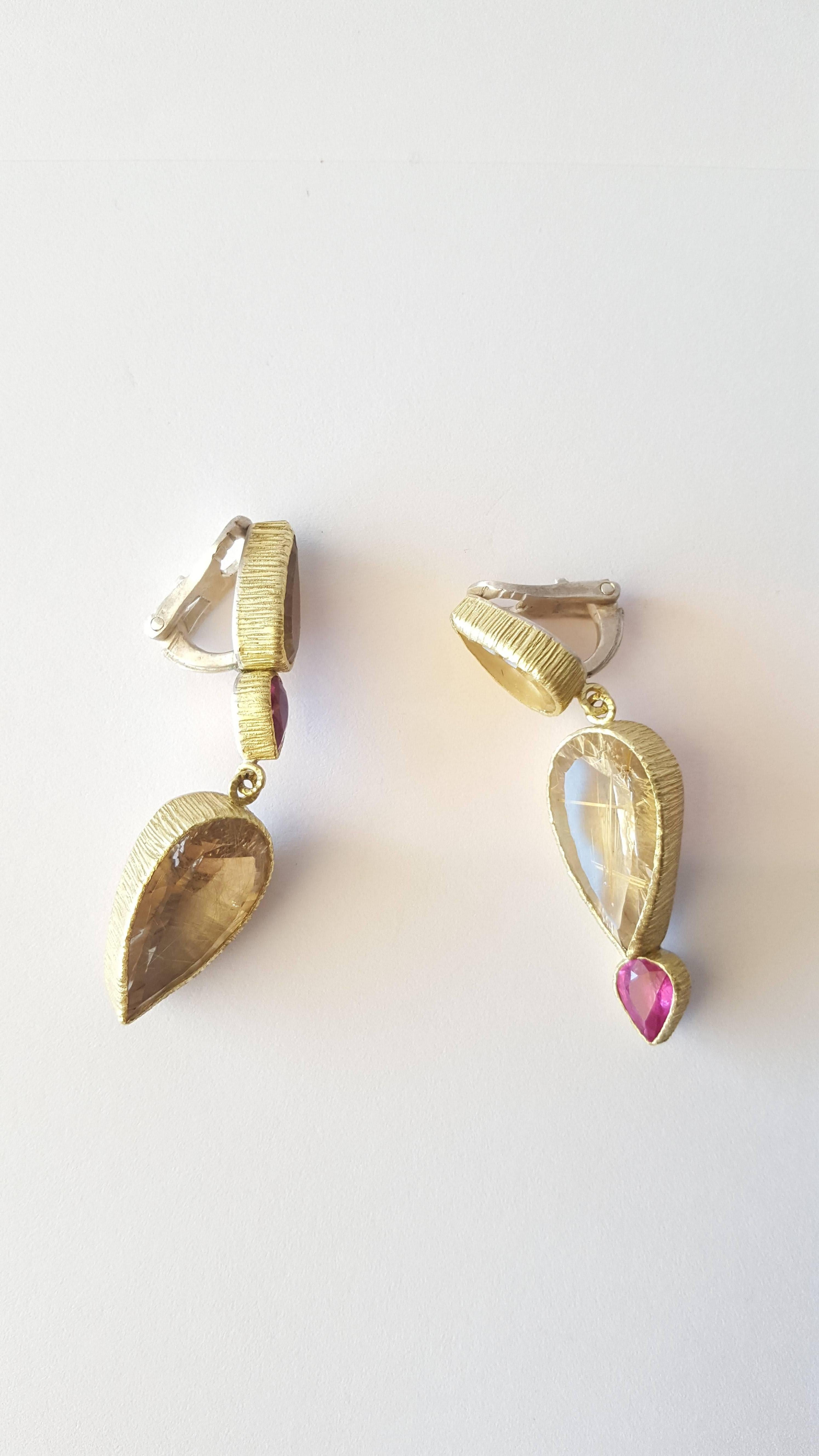 Marquise Cut Rutilated Quartz Rubelite Garnet Gold Silver Clipped Drop Dangle Earrings For Sale