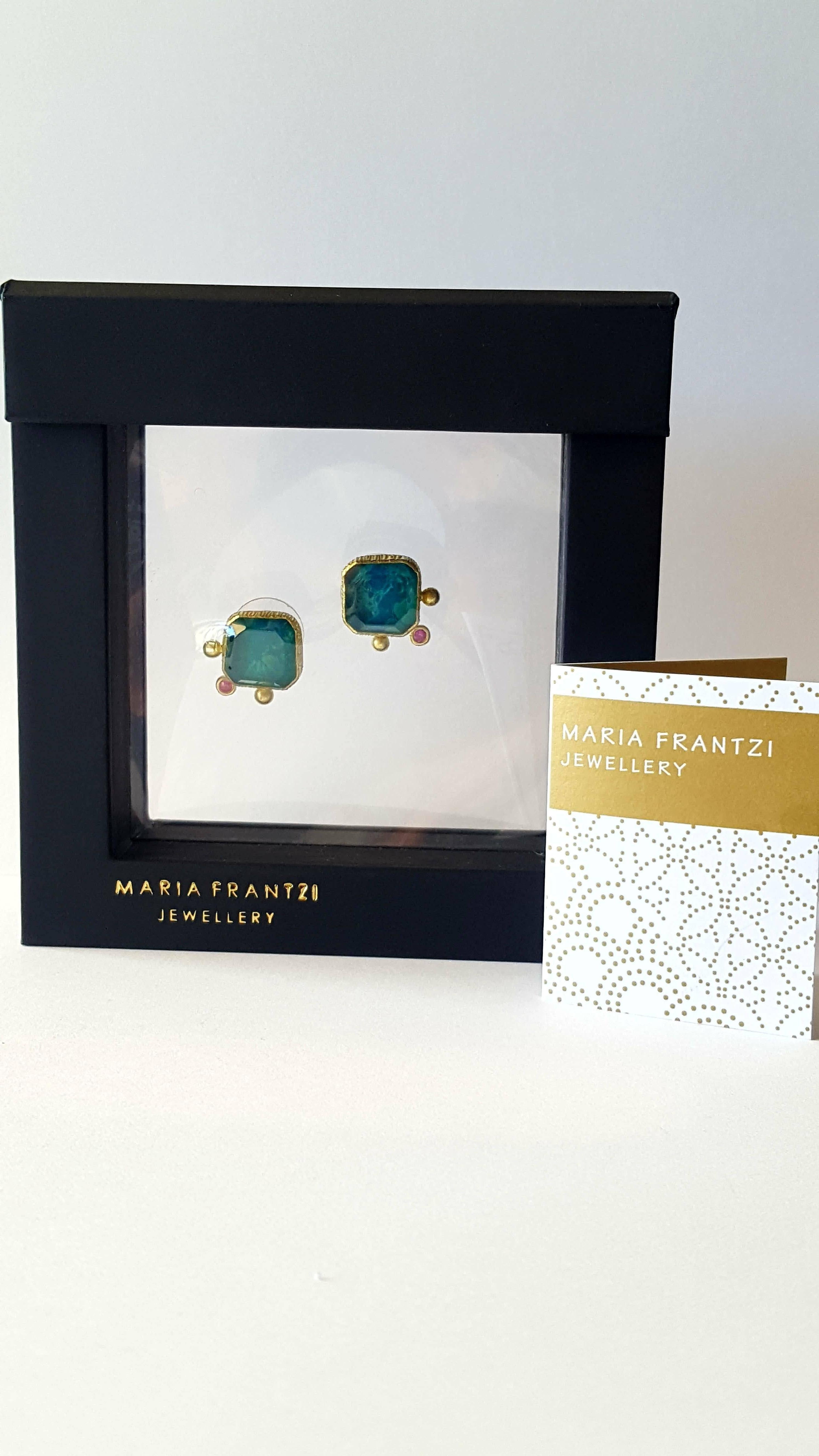 Chrysocolla Doublet and Sapphires Colourful Handmade Stud Earrings In Excellent Condition In London, GB