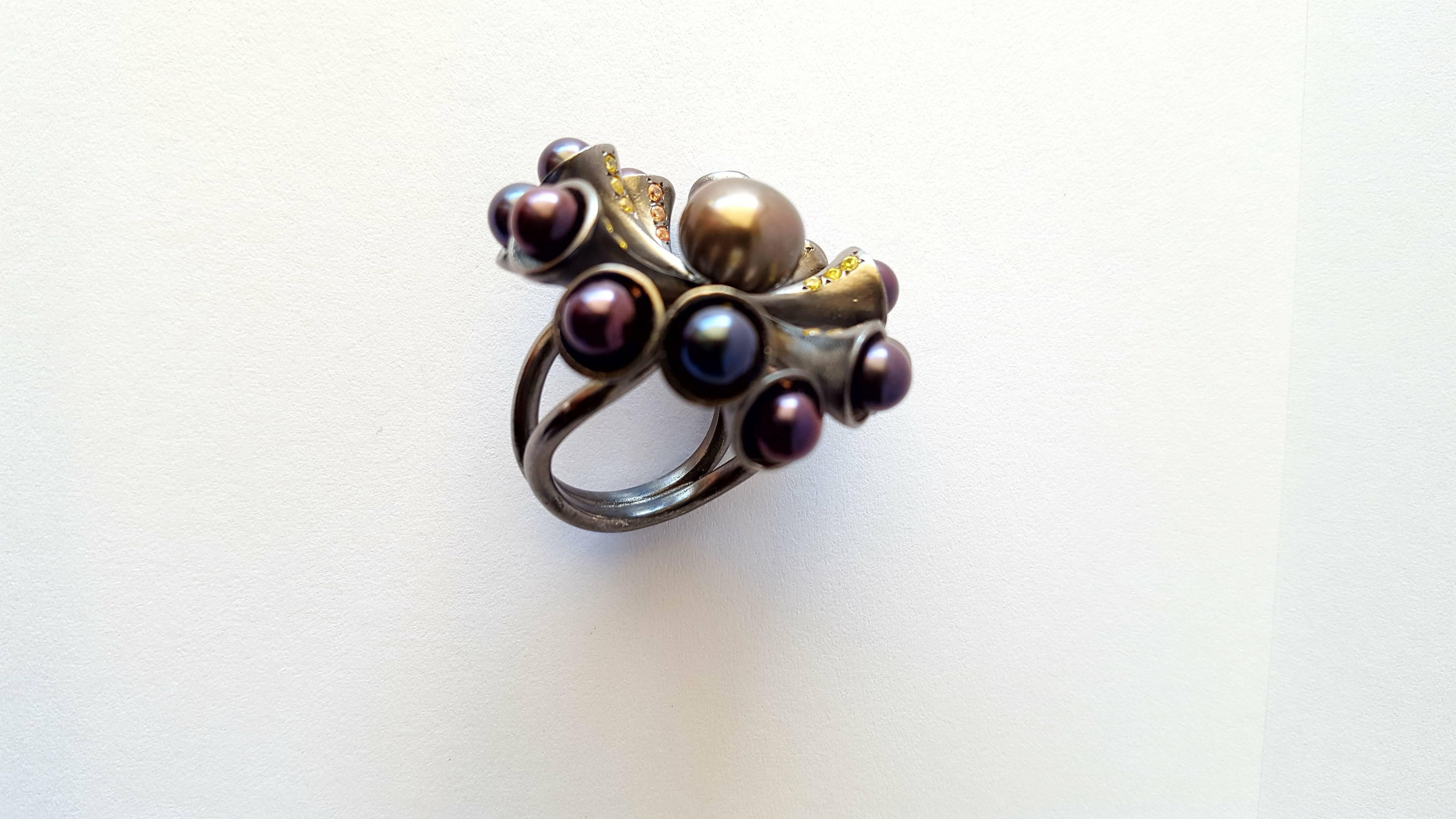 Sterling Silver Pearls Zircons Statement Cocktail Ring In New Condition For Sale In London, GB