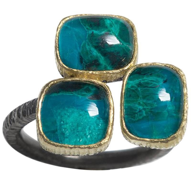 Chrysocolla Doublet Geometrical Gold Rhodium Silver Cocktail Ring For Sale