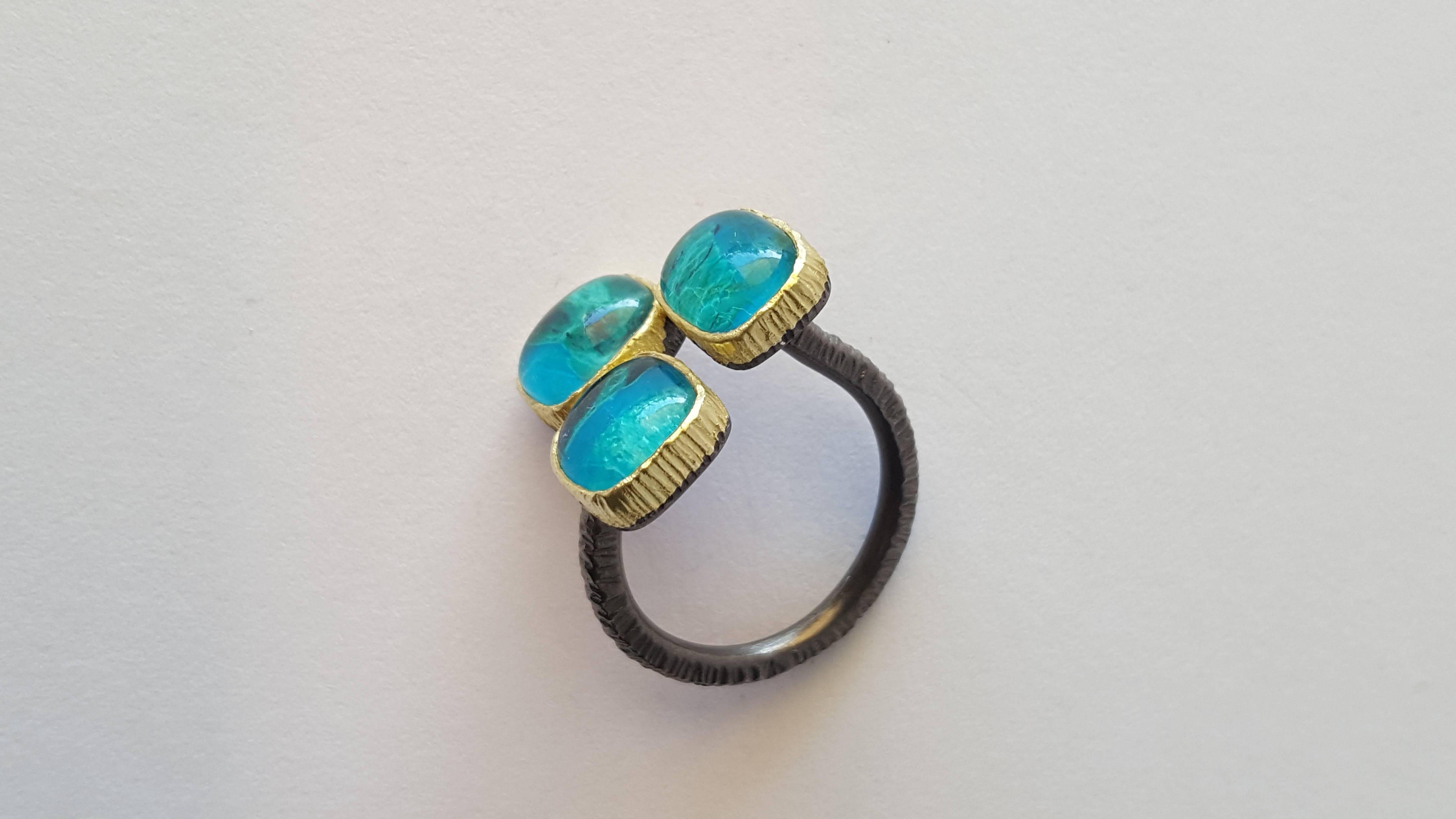 Women's Chrysocolla Doublet Geometrical Gold Rhodium Silver Cocktail Ring For Sale