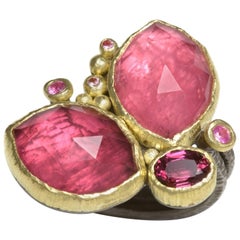 Pink Tourmaline Rhodolite and Sapphires Contemporary Cocktail Ring