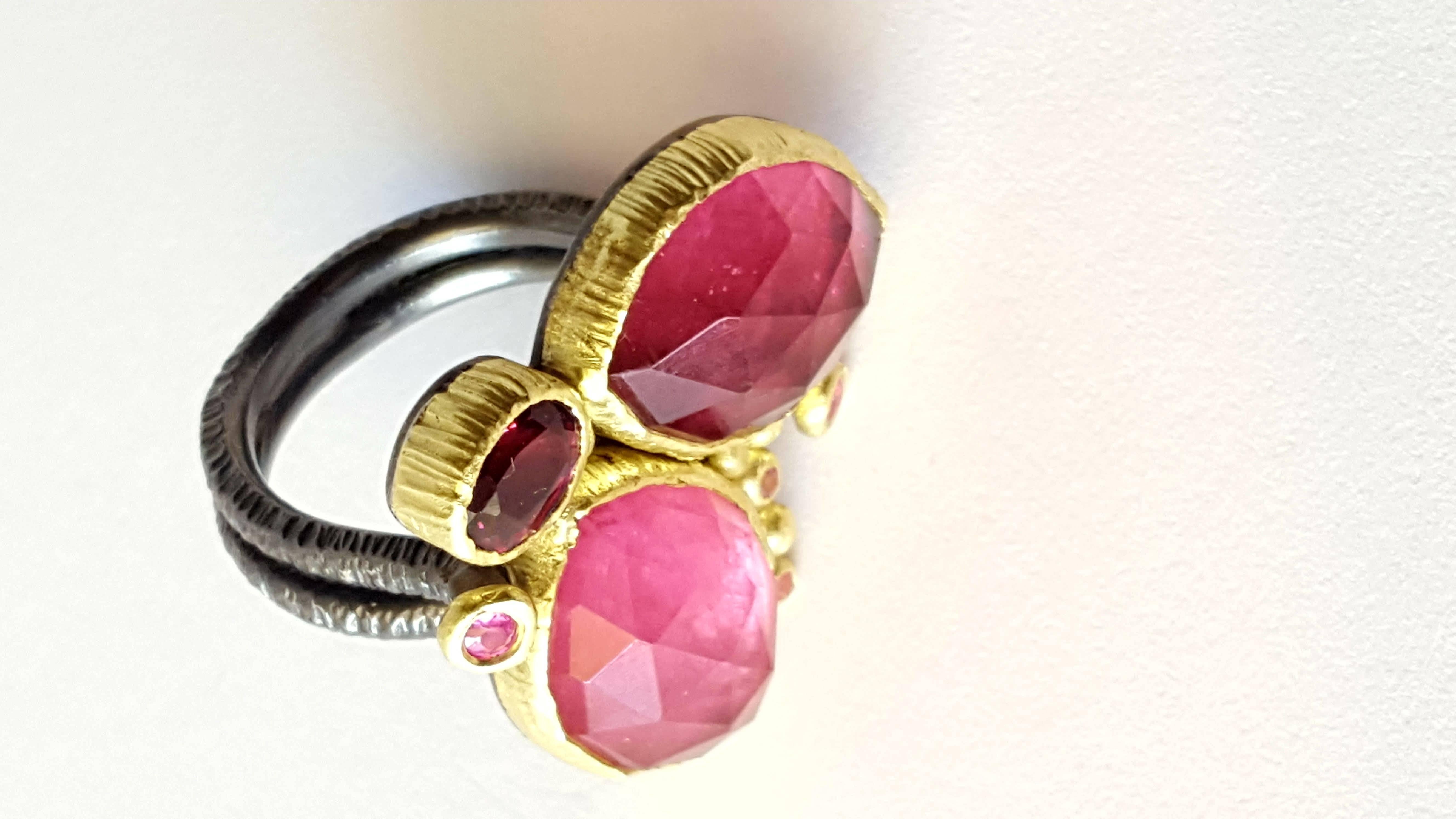 Marquise Cut Pink Tourmaline Rhodolite and Sapphires Contemporary Cocktail Ring