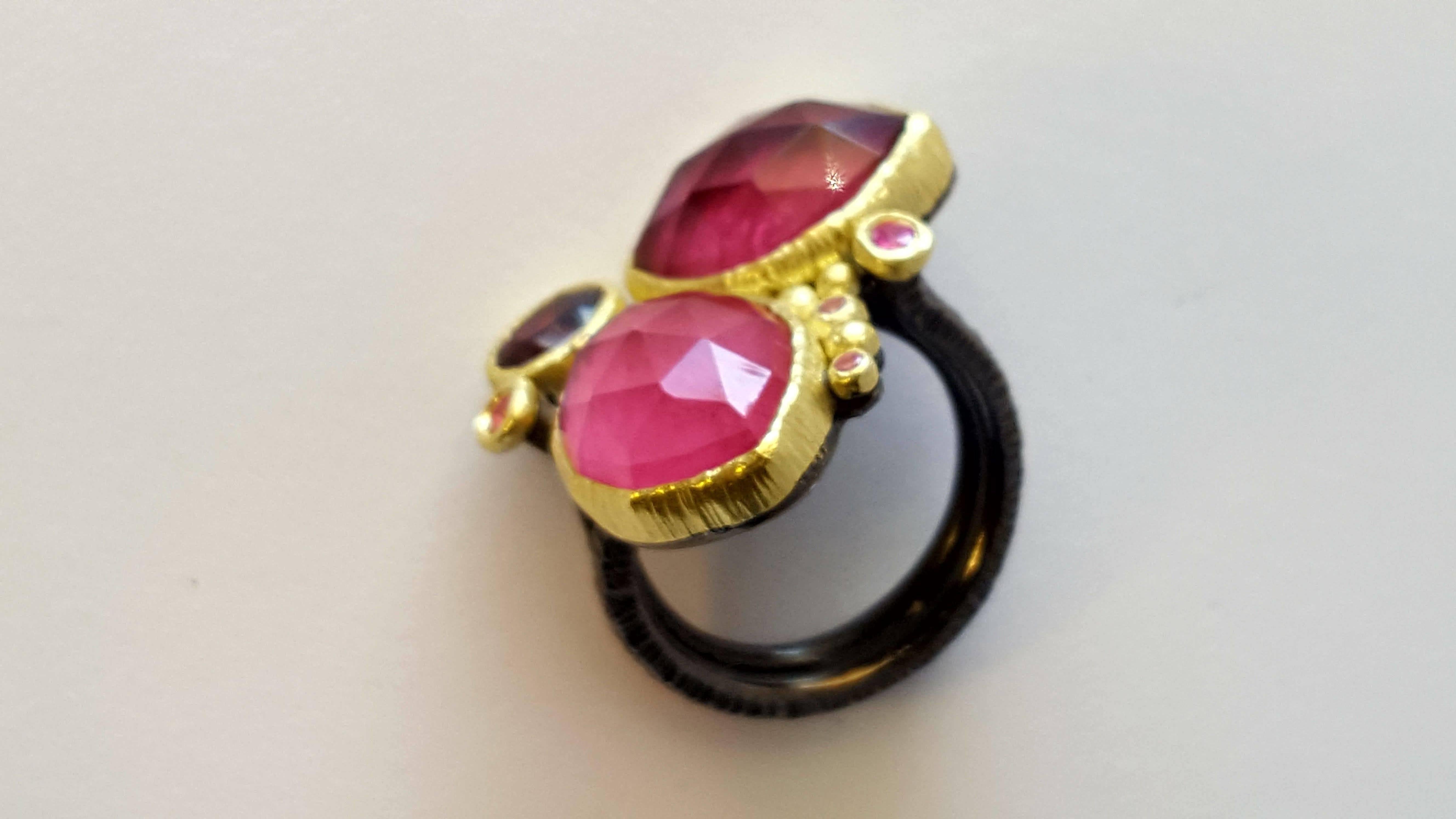 Pink Tourmaline Rhodolite and Sapphires Contemporary Cocktail Ring 1