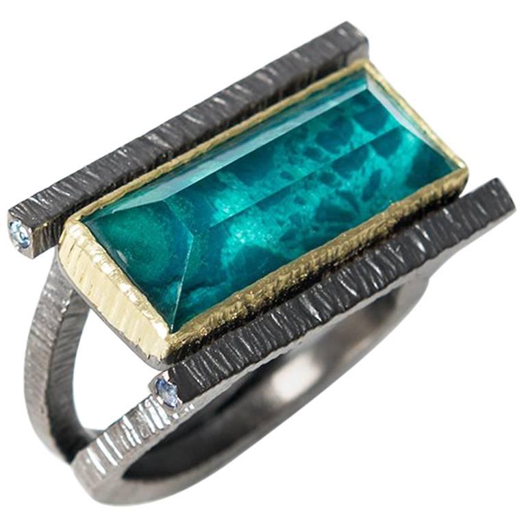 Chrysocolla Doublet Geometrical Unisex Gold Rhodium Plated Silver Cocktail Ring For Sale