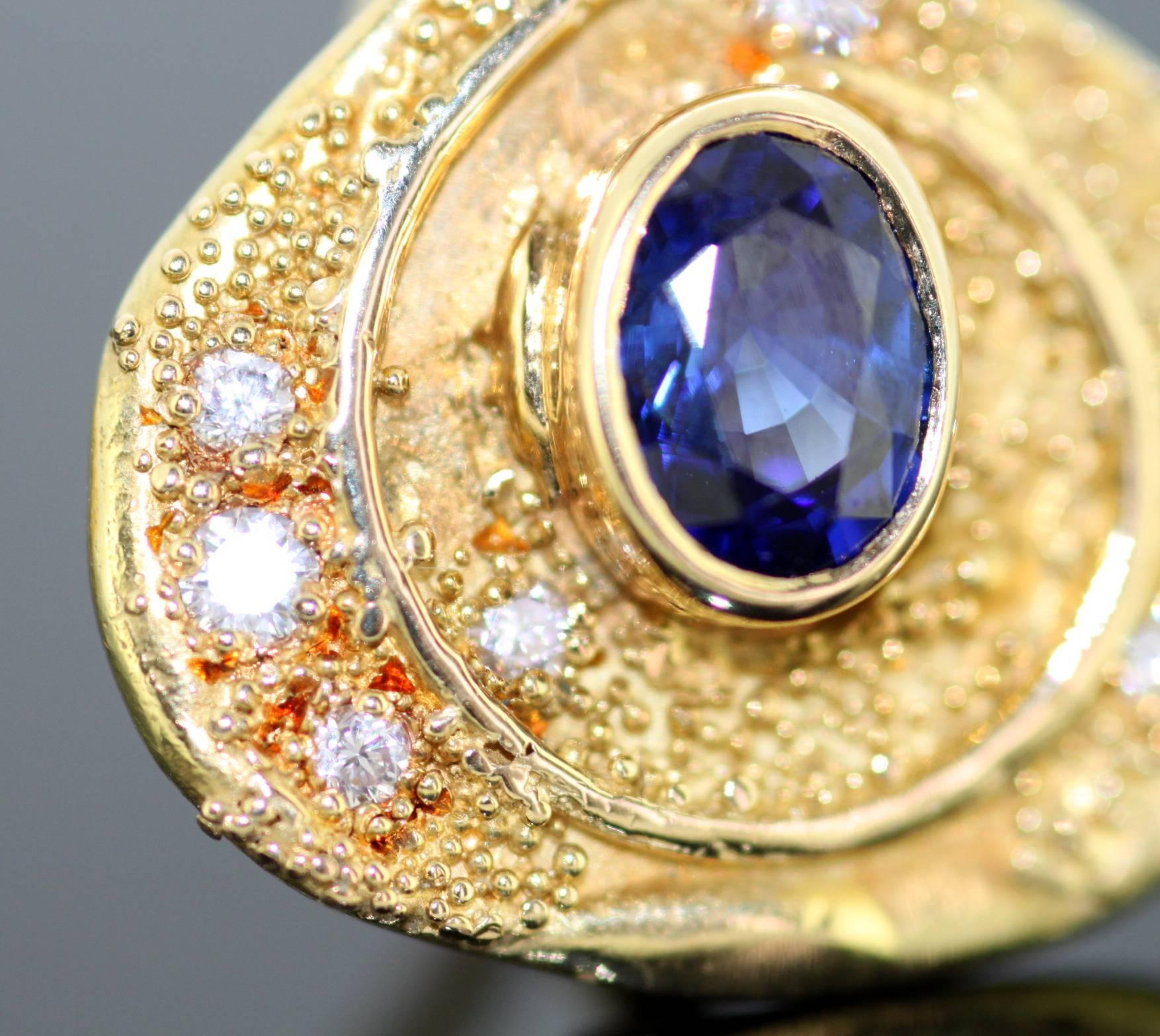 Women's Elizabeth Gage 18 Karat Yellow Gold Diamonds Blue Sapphire Clip-On Earrings