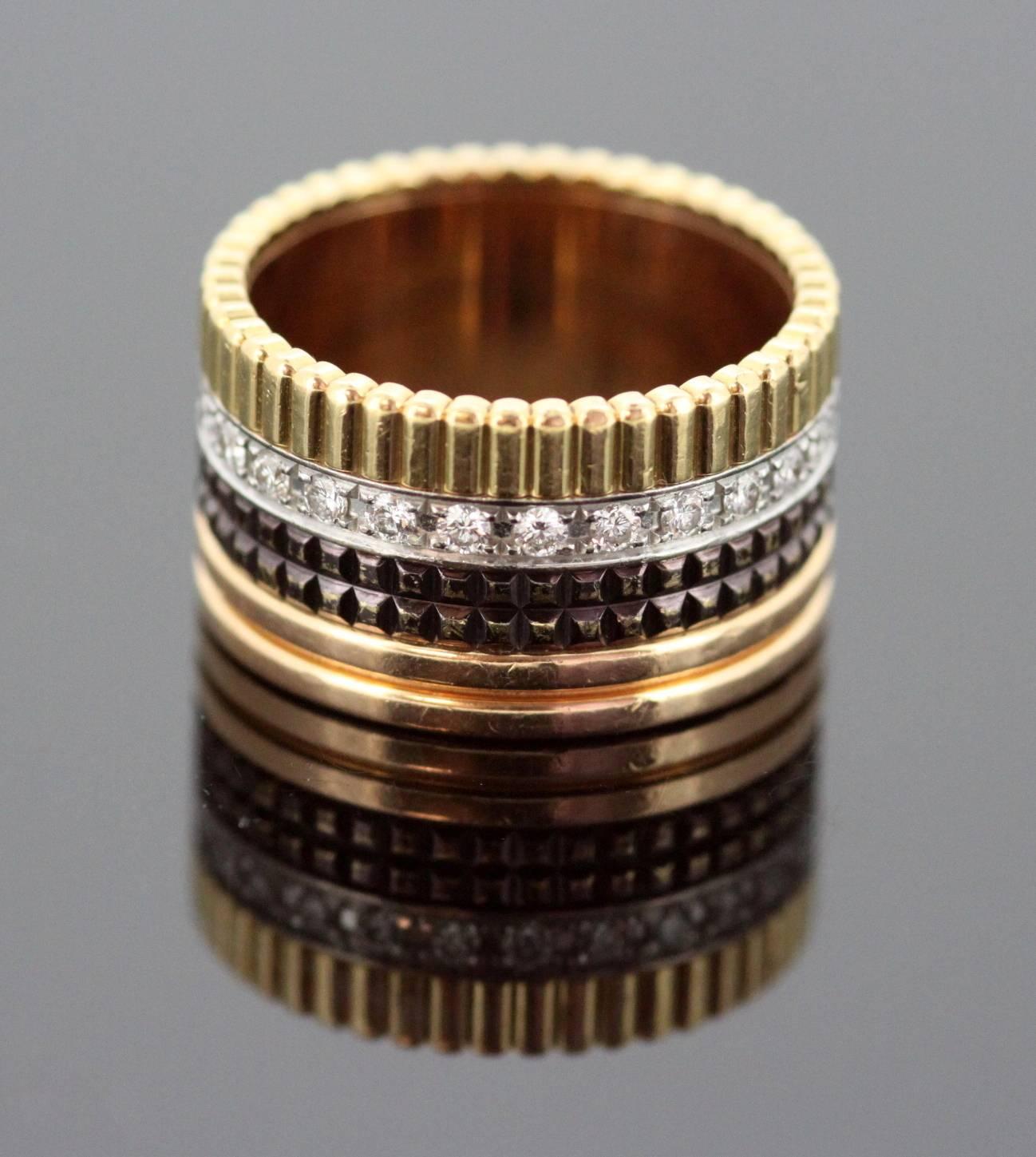 Quatre large model ring in 3 golds, PVD and diamonds
Designer: Boucheron
France Circa.2010
Fully hallmarked.

Approx Dimensions - 
Diameter x Width: 2 x 1.15 cm
Finger Size UK: N US: 7 EU: 54
Weight : 14 grams
Expert : Thierry Stetten
Collection :