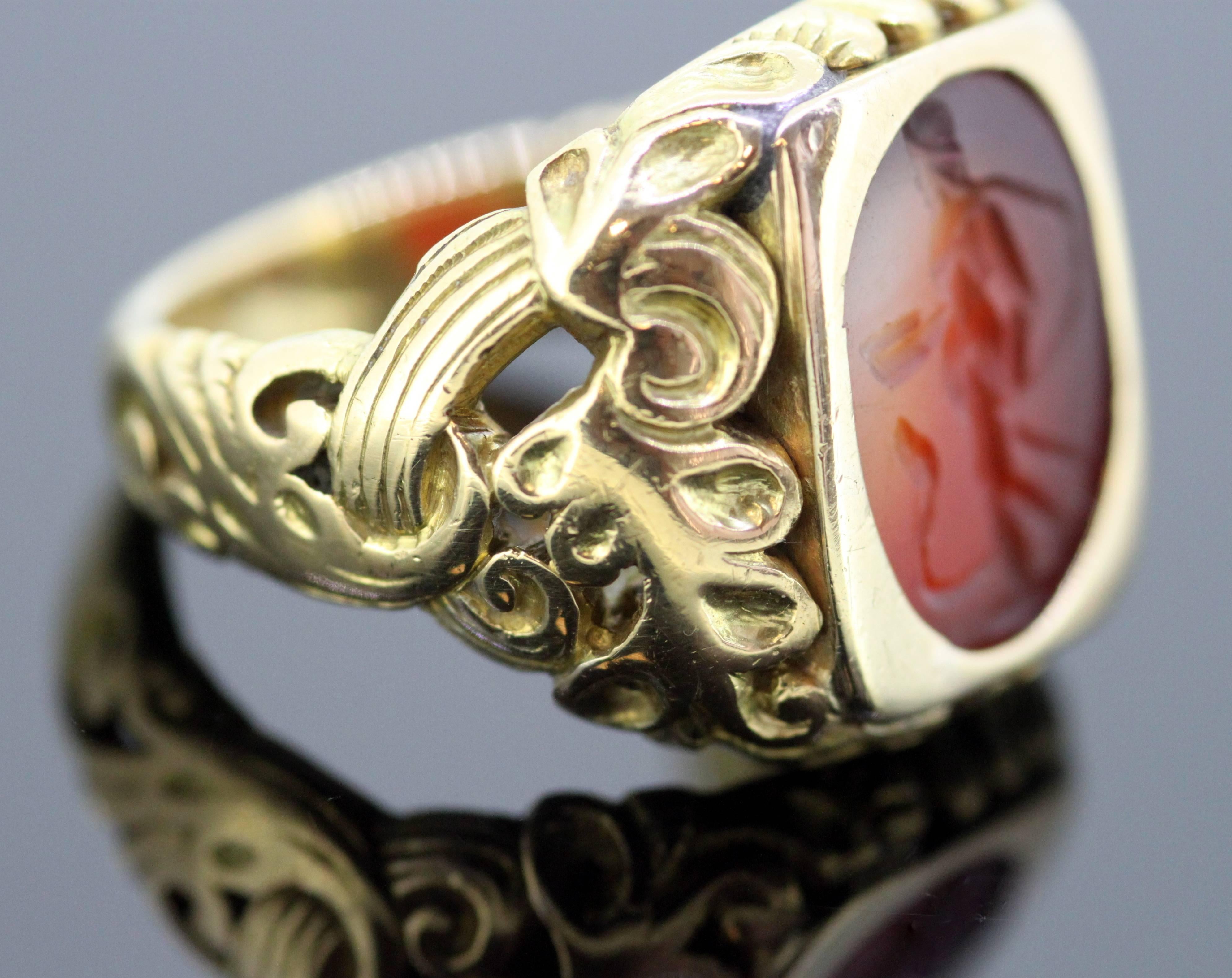 Antique 18 Karat Roman Carnelian Seal Ring ‘200 BC’ with Victorian Ring Shank In Excellent Condition In Braintree, GB