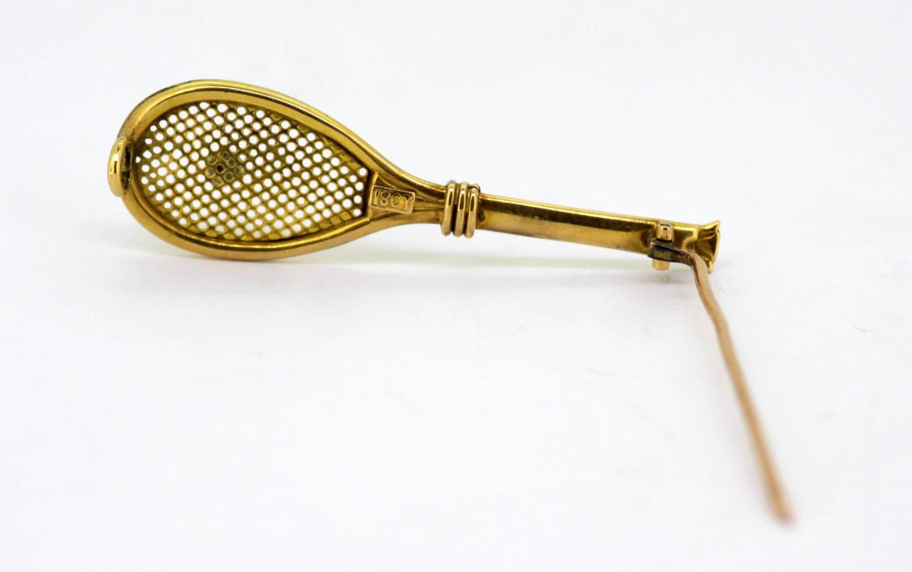 Women's or Men's 18 Karat Yellow Gold Tennis Racket Brooch with Freshwater Pearl