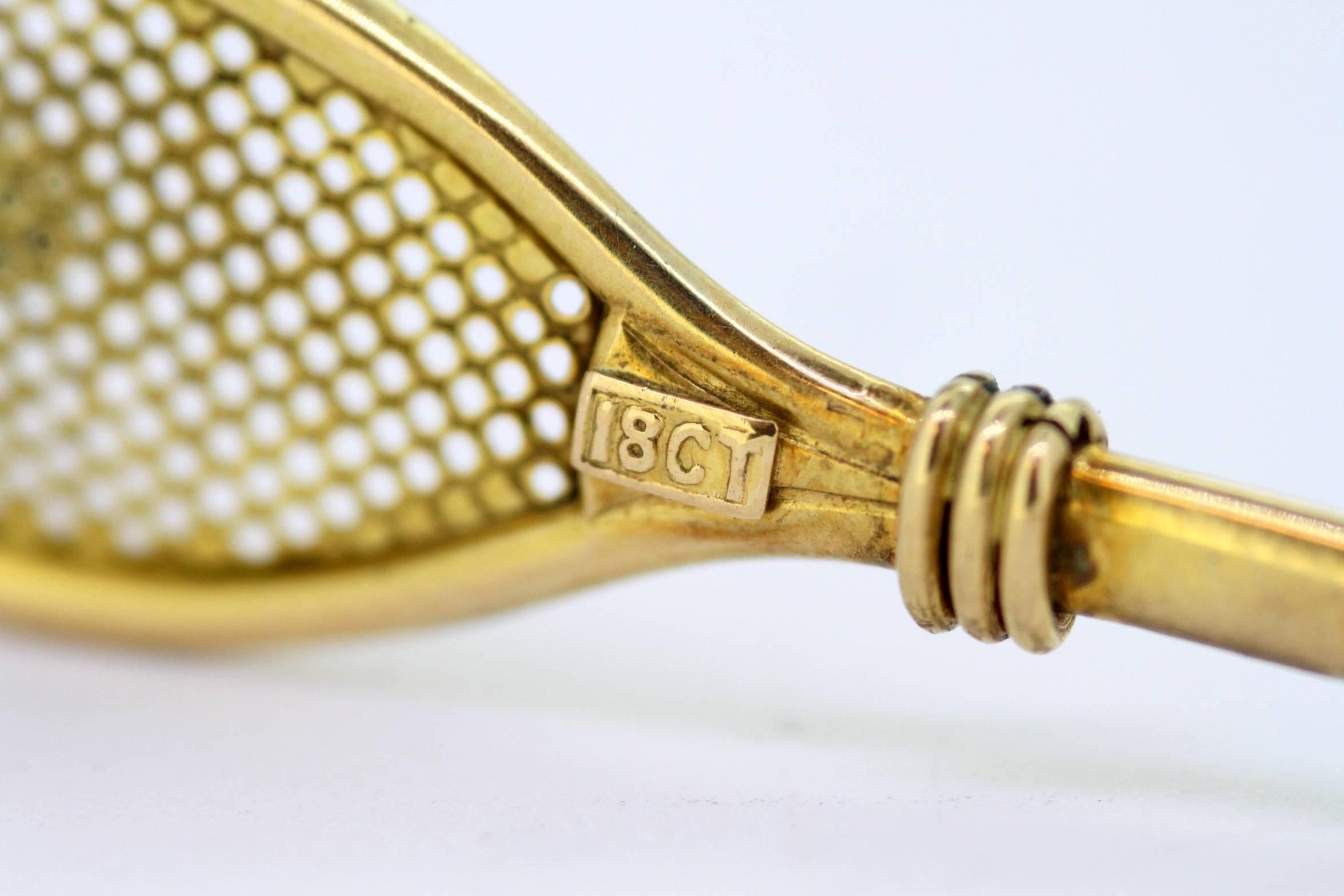18 Karat Yellow Gold Tennis Racket Brooch with Freshwater Pearl 1