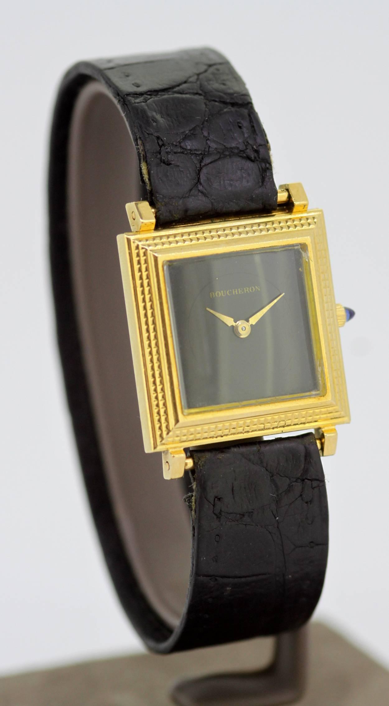 Boucheron - Vintage 18K Gold Ladies Manual Wristwatch
C.1970's

Gender: Ladies
Case size (Including Crown & Lugs) : 32 x 27  mm
Movement: Manual Winding
Watchband Material: Leather
Case material : 18K Gold
Display Type:	Analogue	
Dial: Black (