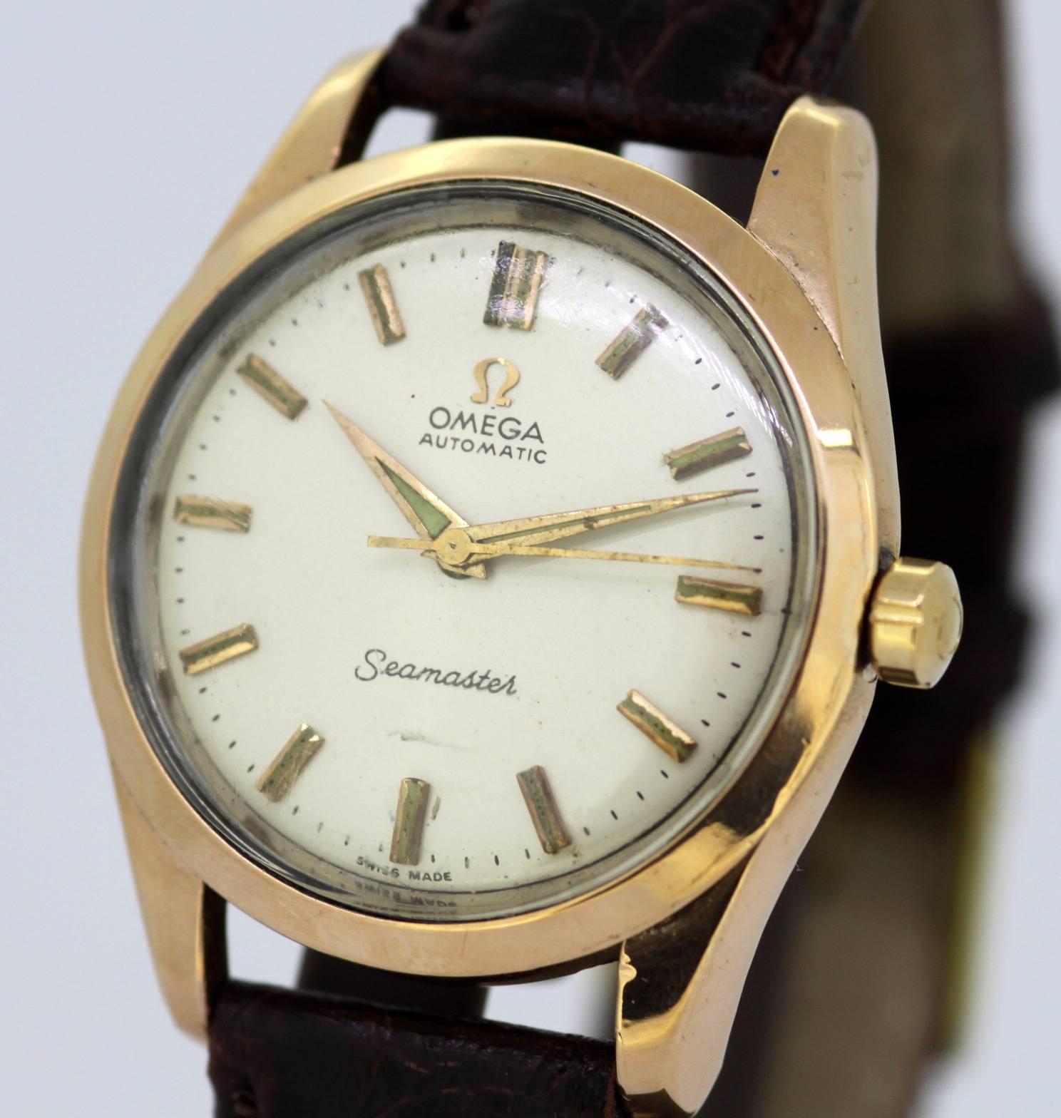 Omega Seamaster - Automatic Wristwatch, 1960's

Gender: Men
Case size (Including Crown): 43 x 38 mm
Movement: Automatic
Watchband Material: Leather Strap with Omega Buckle
Case material : Steel and Gold Capped
Display Type:	Analogue	
Dial: ( See