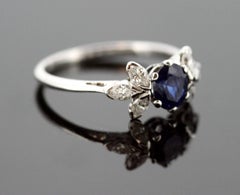 Vintage Platinum Ladies Ring with Blue Sapphire and Diamonds, 1950s