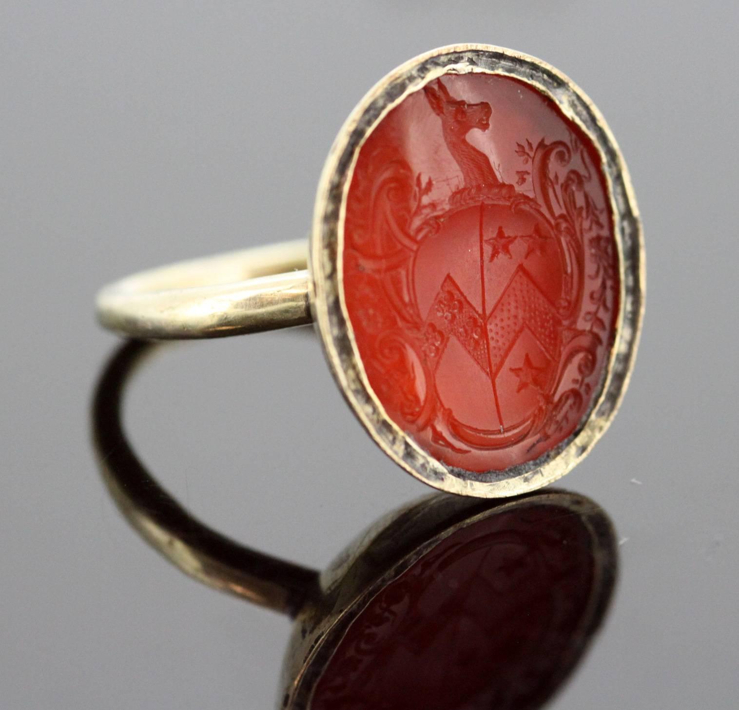 Victorian 15 Karat Yellow Gold Seal Ring with Carnelian, circa 1860s In Good Condition In Braintree, GB