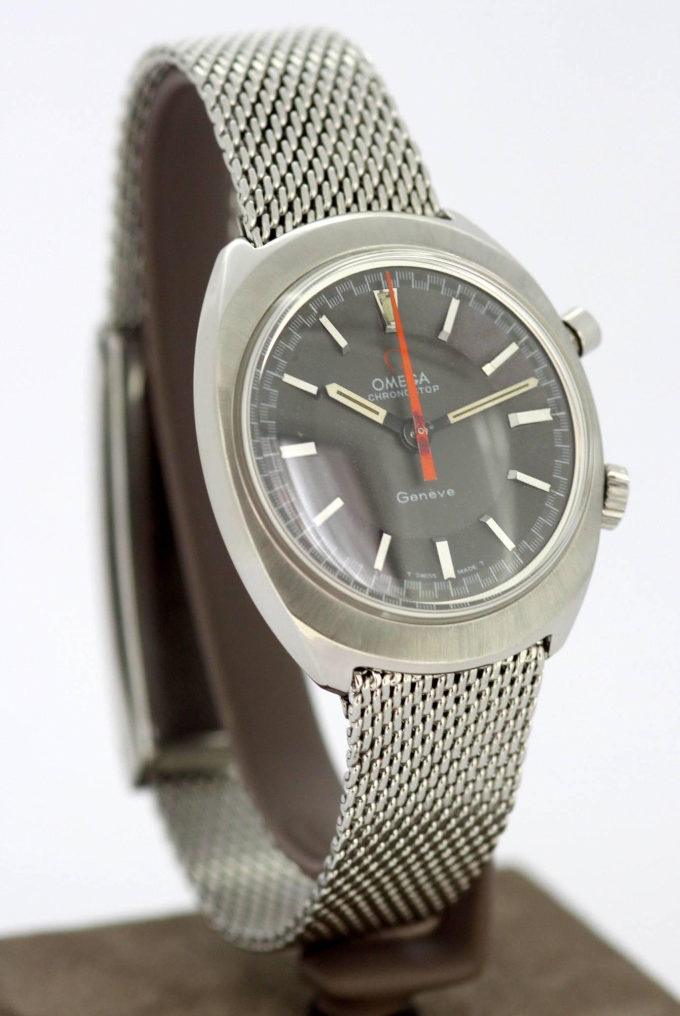 This is a vintage Omega Chronostop mechanical hand-wind stainless steel gent’s watch. The dial, and crown are signed Omega.
Circa 1960-1969

Gender:	Men's
Functions and features: Stop watch 
Case Size (Lug to Lug & Including Crown ) : 38 x 37