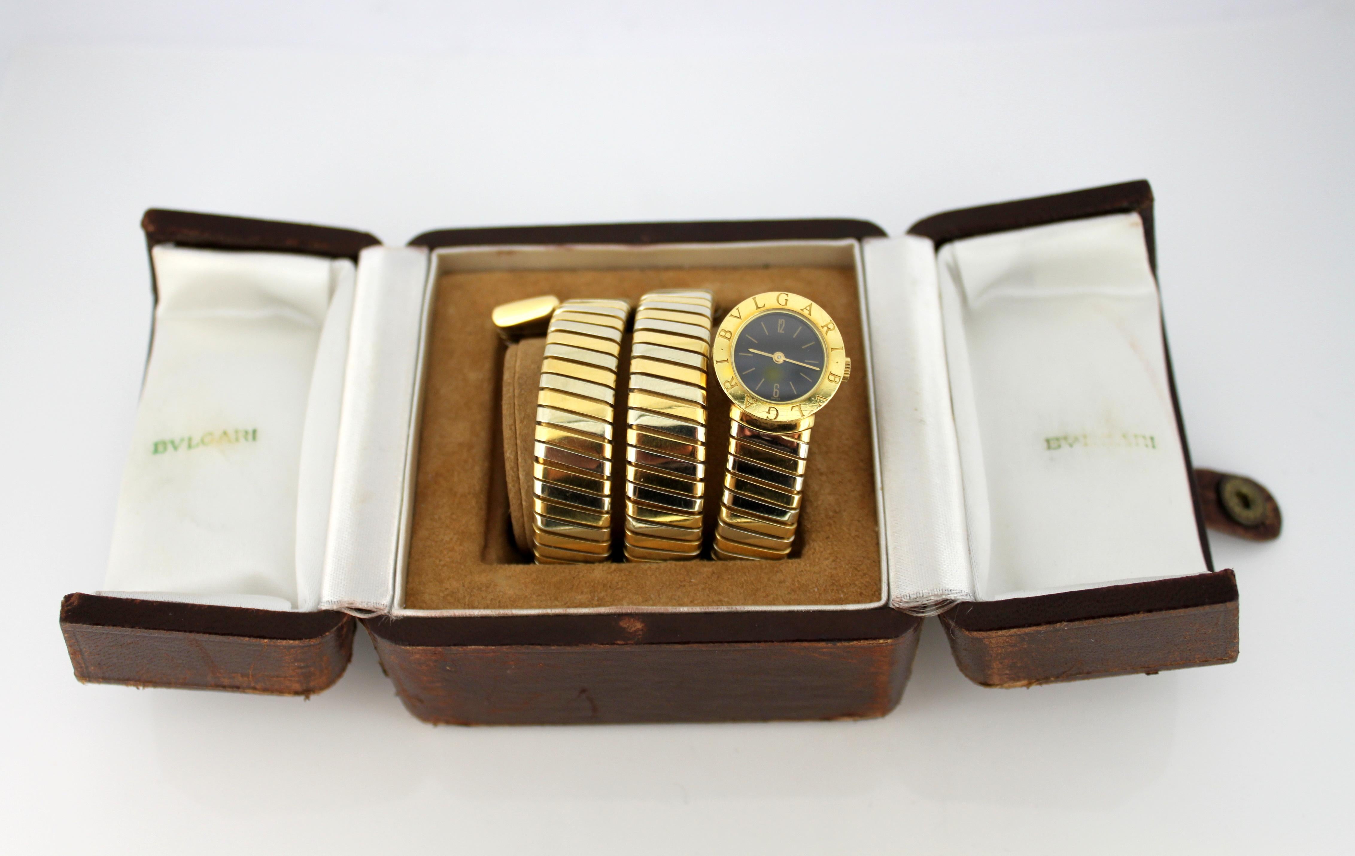 Bulgari Tri-Color Gold Serpenti Tubogas Snake Watch, Circa 1990's

Gender: Ladies
Case Diameter : 19 mm
Movement: Quartz
Watchband Material: 18k gold
Case material : 18k gold
Display Type:	Analogue	
Dial: Black ( See Photos )
Hands: Gold
Glass :