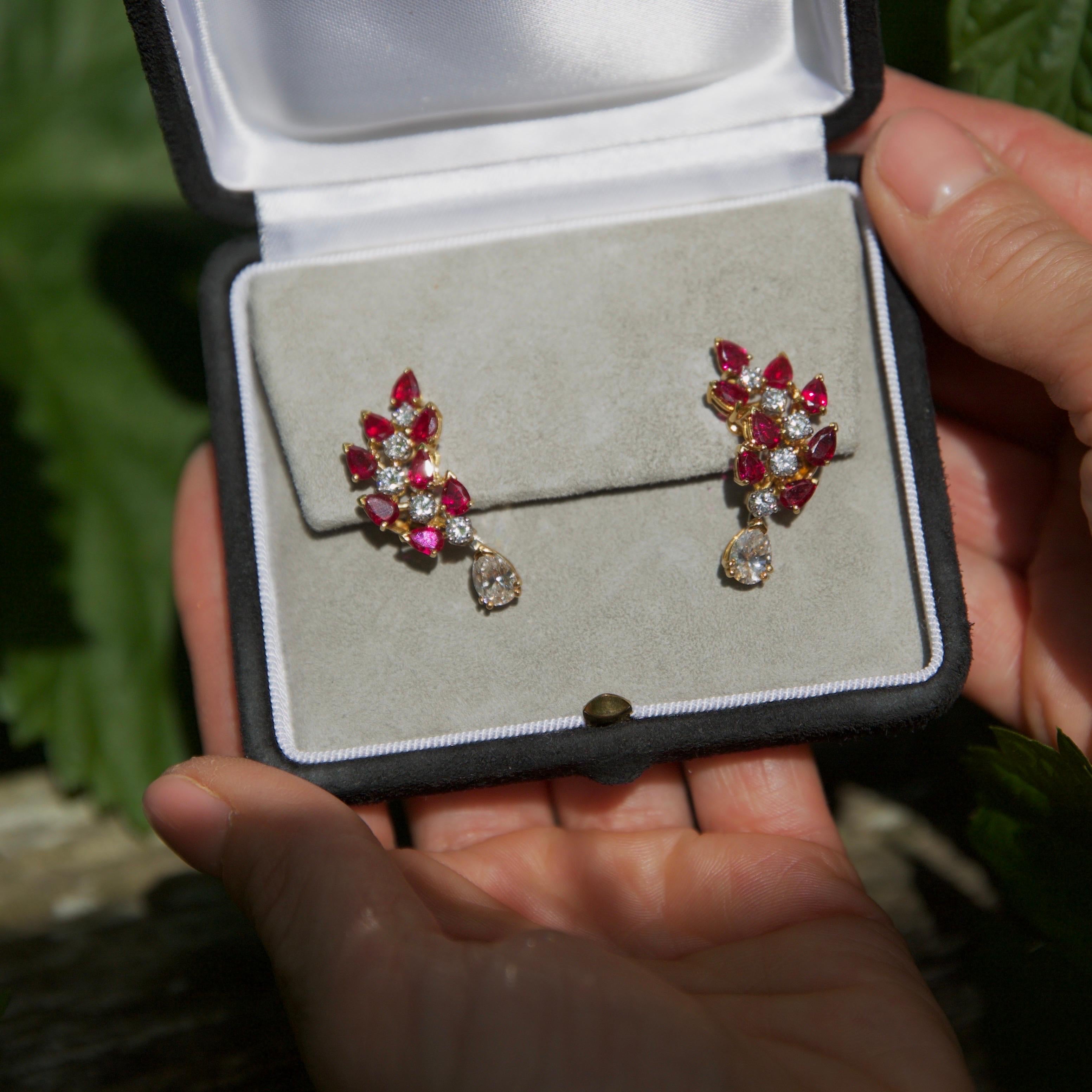 Vintage 18kt Gold Earrings with No-Heat Burma Rubies & Diamonds For Sale 3