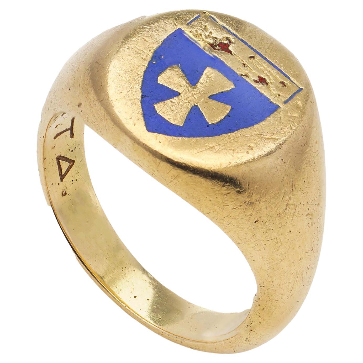 18kt. Yellow Gold Signet Ring with Coat of Arms and Delta Tau Delta Symbol For Sale
