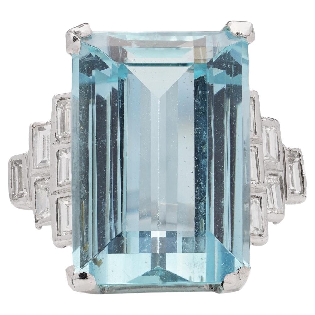 WGI Certified 23.60 cts. Step-Cut Aquamarine and Diamond Ring For Sale