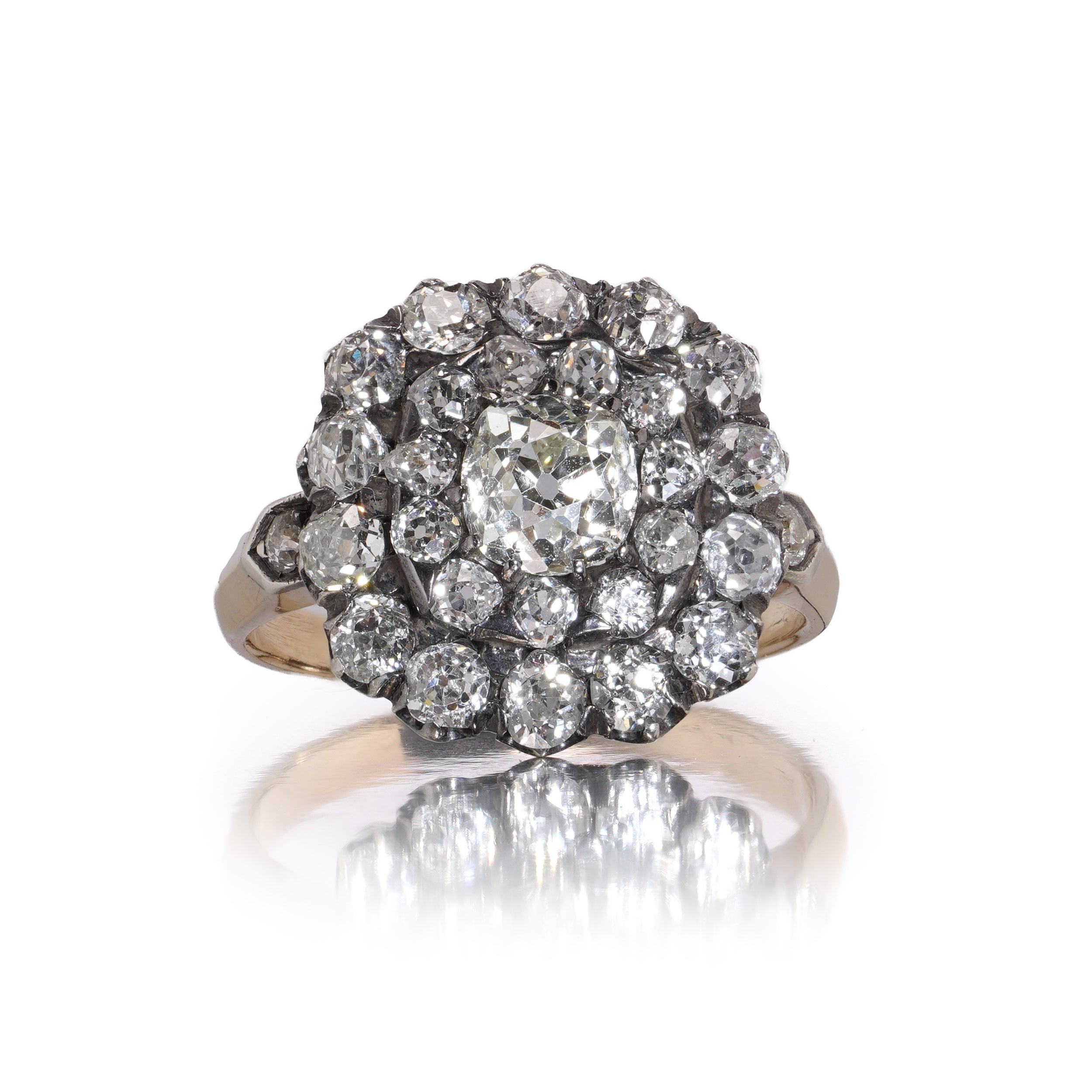 Antique 18kt Gold and Silver Old-Cut Diamond Cluster Ring