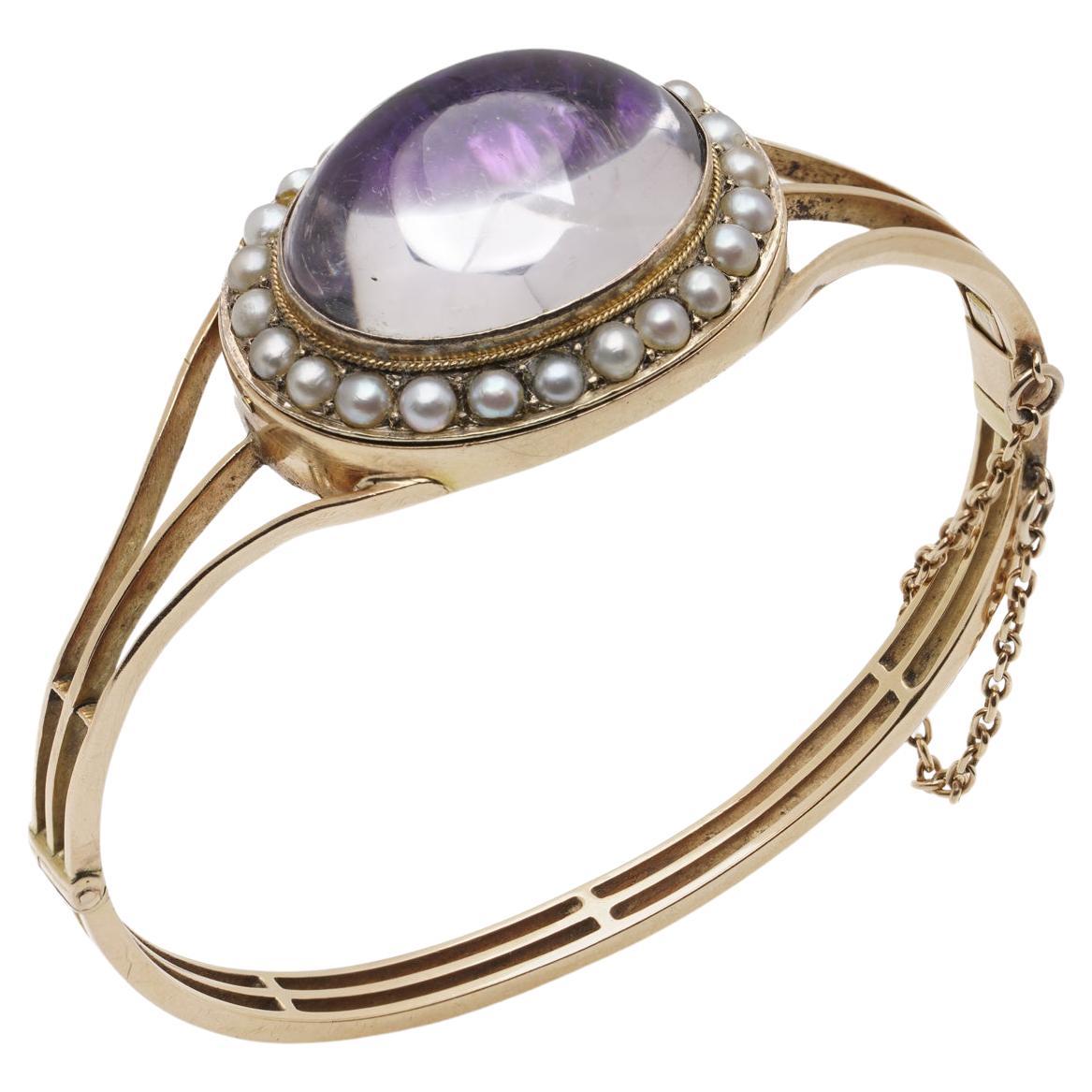Bracciale vittoriano in oro 15kt con cristalli di rocca e accenti di perle naturali in vendita
