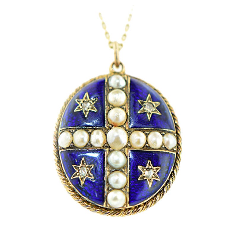 Late 19th Century Enamel Pearl Diamond Gold Pendant For Sale
