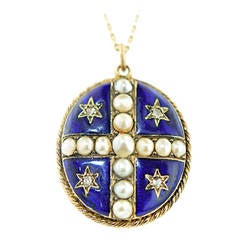 Late 19th Century Enamel Pearl Diamond Gold Pendant