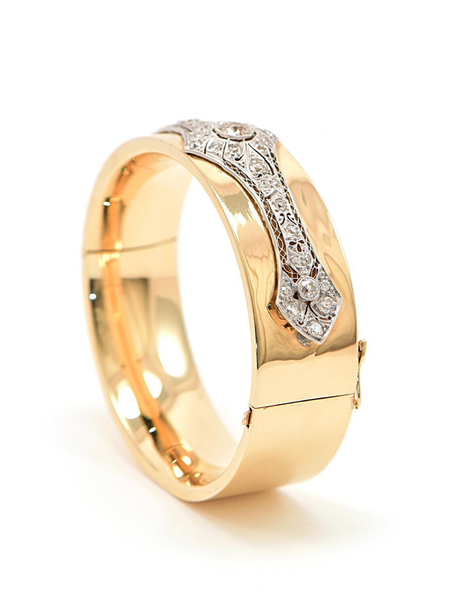 Art Deco Diamond Gold Platinum Cuff Bracelet For Sale