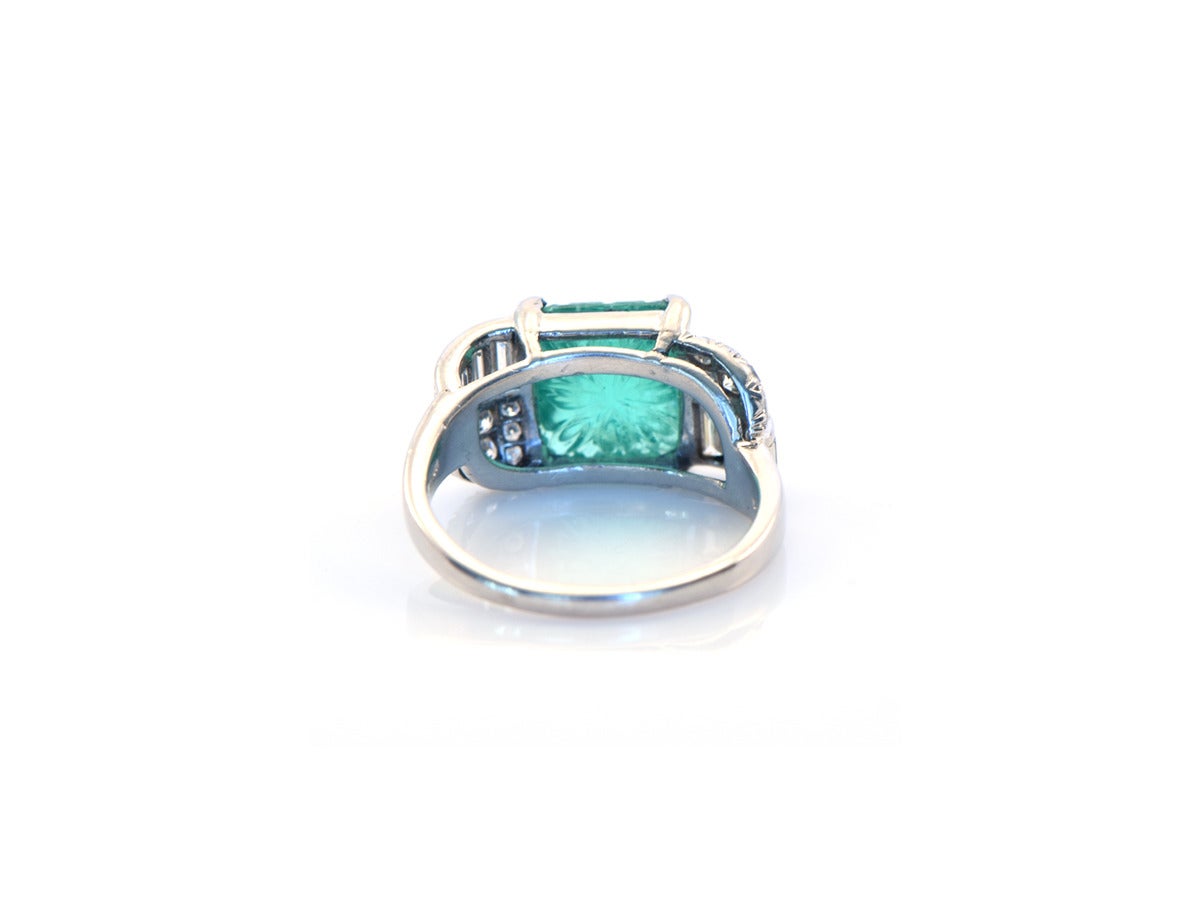 Art Deco Carved Emerald Diamond Platinum Ring For Sale 4