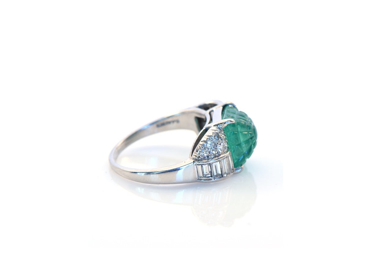 Art Deco Carved Emerald Diamond Platinum Ring For Sale 2