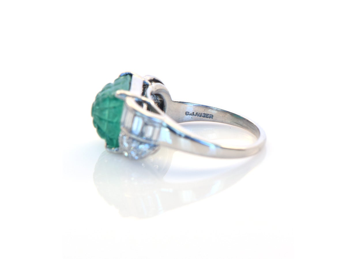 Art Deco Carved Emerald Diamond Platinum Ring For Sale 1