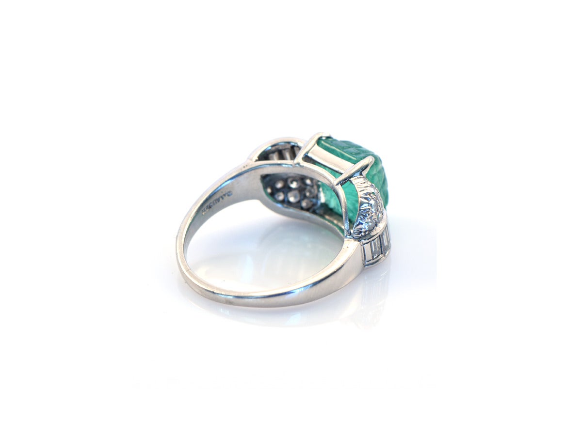 Art Deco Carved Emerald Diamond Platinum Ring For Sale 3
