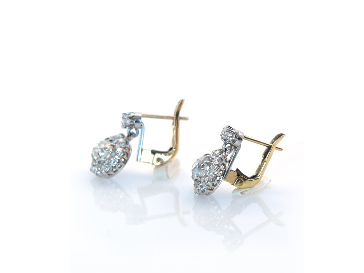 Women's Old Mine Cut Diamond Gold Platinum Cluster Earrings
