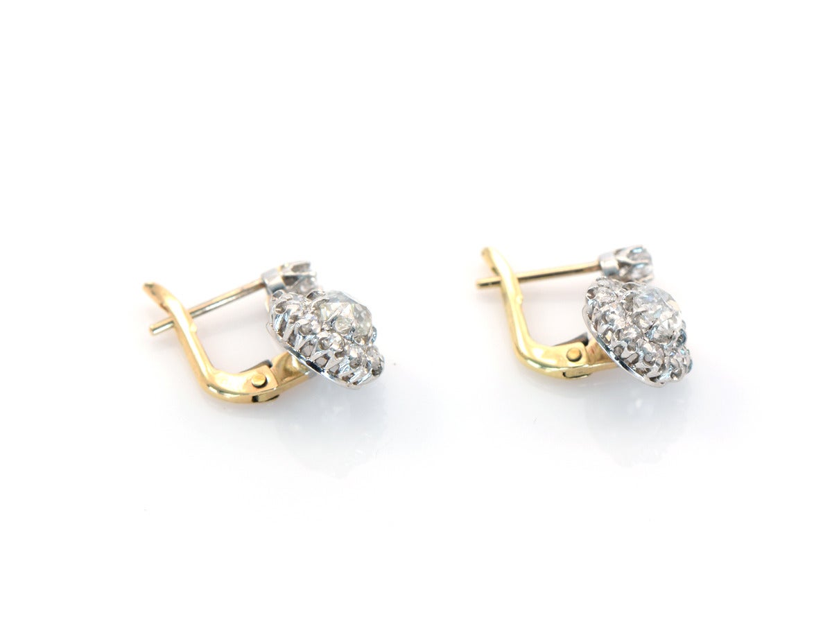 Old Mine Cut Diamond Gold Platinum Cluster Earrings 1