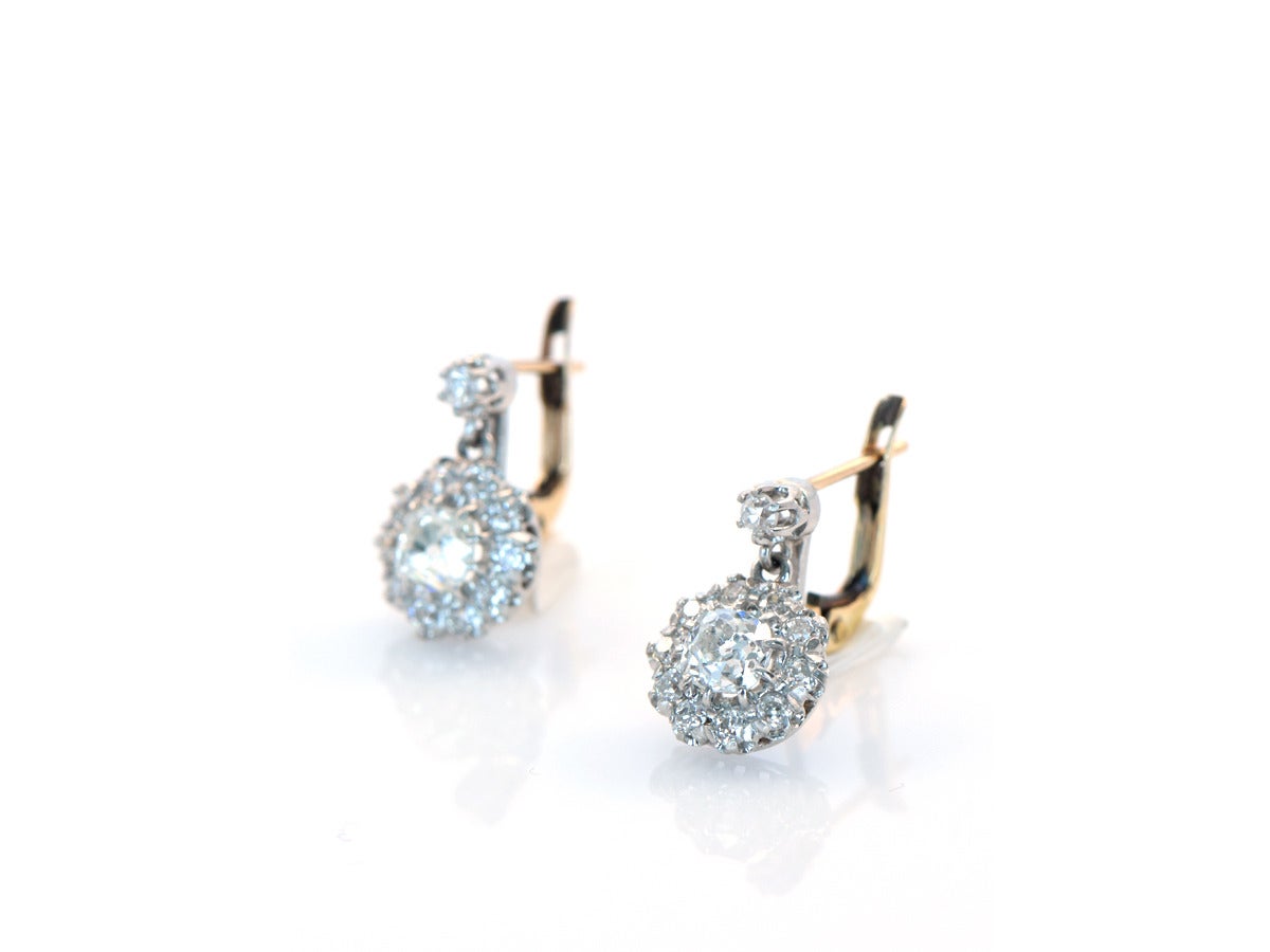 Old Mine Cut Diamond Gold Platinum Cluster Earrings In Excellent Condition In San Francisco, CA