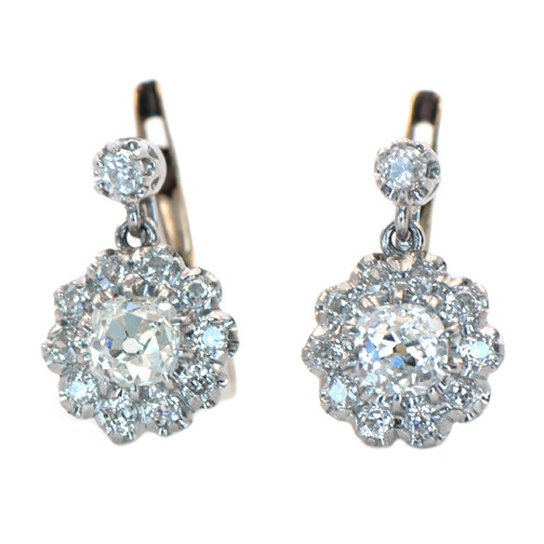 Old Mine Cut Diamond Gold Platinum Cluster Earrings